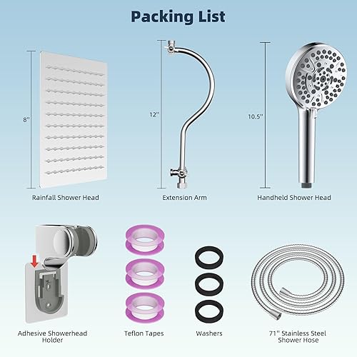 Miniatura 8 de Hibbent Cabezal de ducha cromado de 7 pulverizaciones de 8 pulgadas con brazo de extensión curvado ajustable de 12 pulgadas, combo de cabezal de