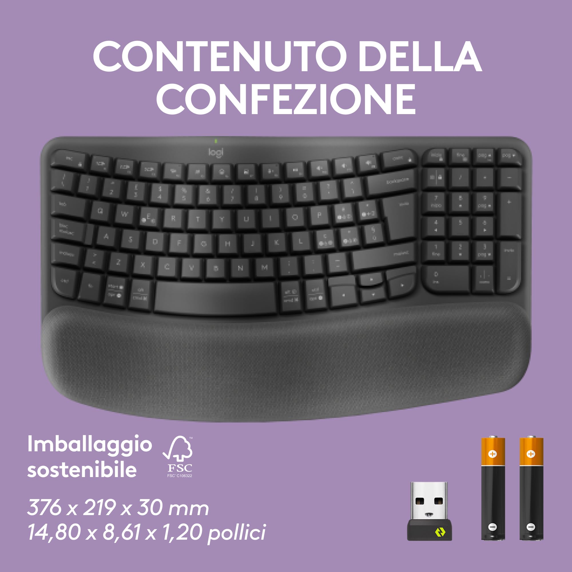 Logitech Wave Keys tastiera wireless ergonomica con supporto per i polsi imbottito, digitazione comoda, Easy-Switch, Bluetooth, Logi Bolt,compatibile con più sistemi operativi, Windows/Mac - Grafite
