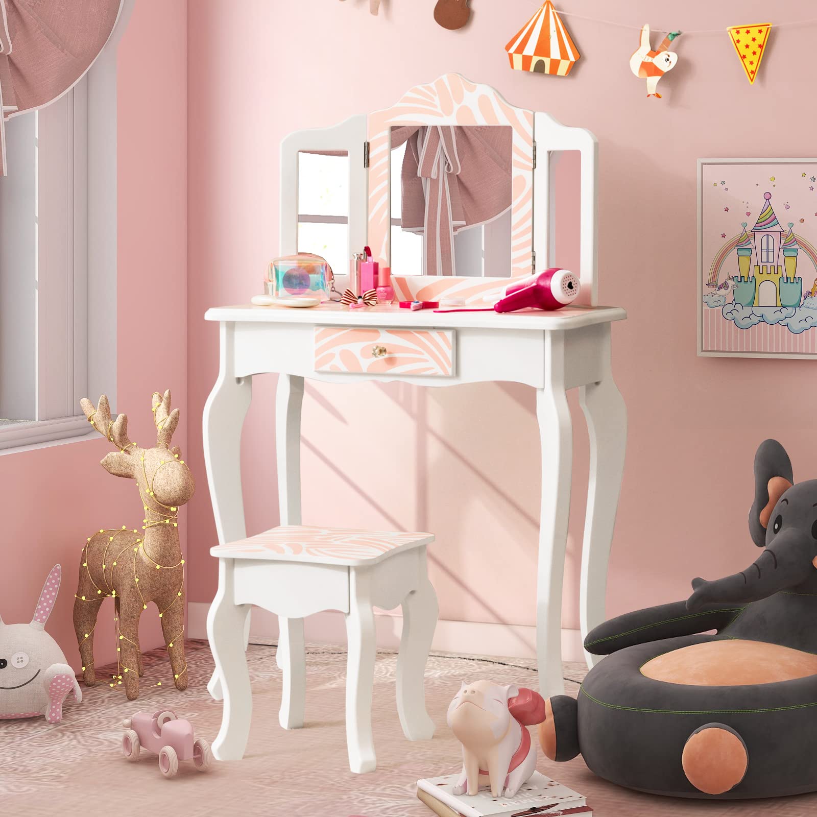 GOPLUS Tocador Infantil de Madera, Tocador de Maquillaje Princesa con Taburete y Espejo, Placa Extraíble, Mesa de Cosméticos con Cajón, 60 x 27,5 x 97,5 cm (Cebra Rosa)