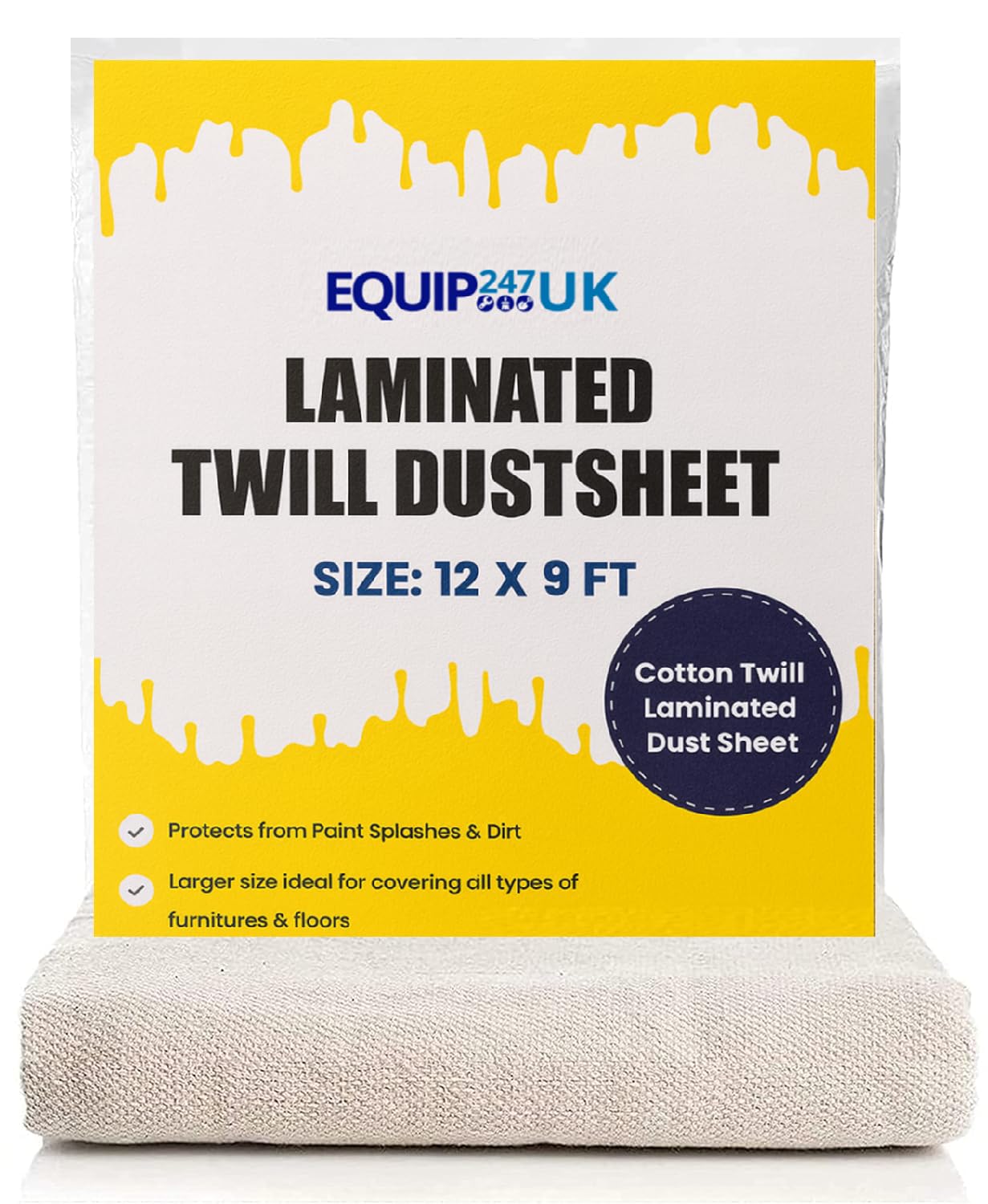 Equip247uk Cream Cotton Dust Sheets For Painting & Decorating | Paint Sheets | Drop Cloth | Painting & Paint Cover Sheets | Dust Sheets For Furniture | Reusable | (Laminated Cotton, 12Ft X 9Ft - 3.5M X 2.6M)