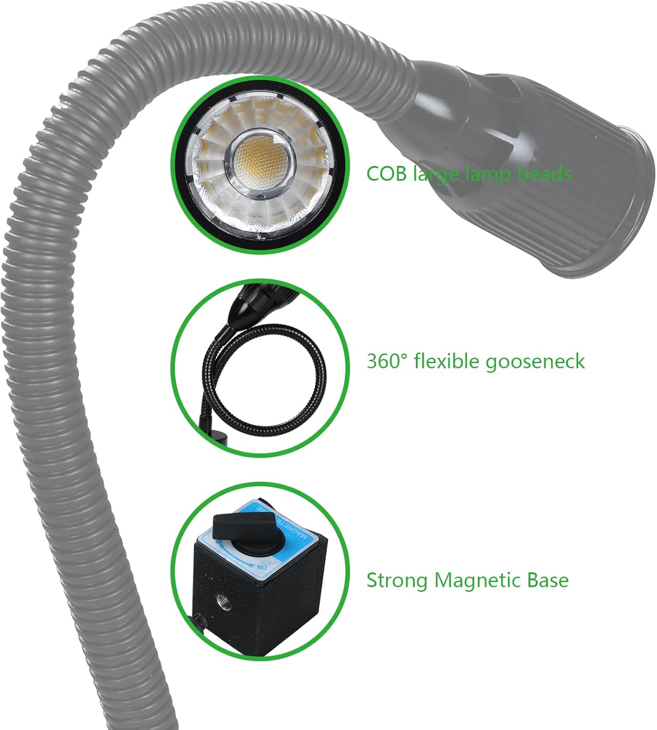 LED Magnetic Work Light, 12W 1200 Lumens 6500K 110V US Plug with Flexible Gooseneck, Machine Lathe Light with On/Off Magnetic Base for Work Bench, Sewing Machine, Lathe Workbenches