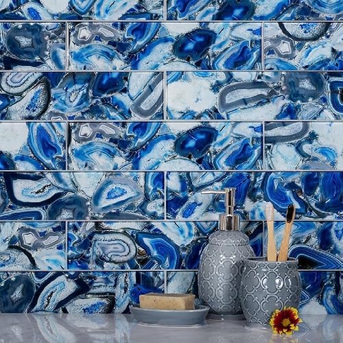 Azulejo de metro de vidrio azul brillante de 3 x 12 pulgadas para cocina, baño, pared de ducha (caja de 20 azulejos de 5 pies cuadrados)