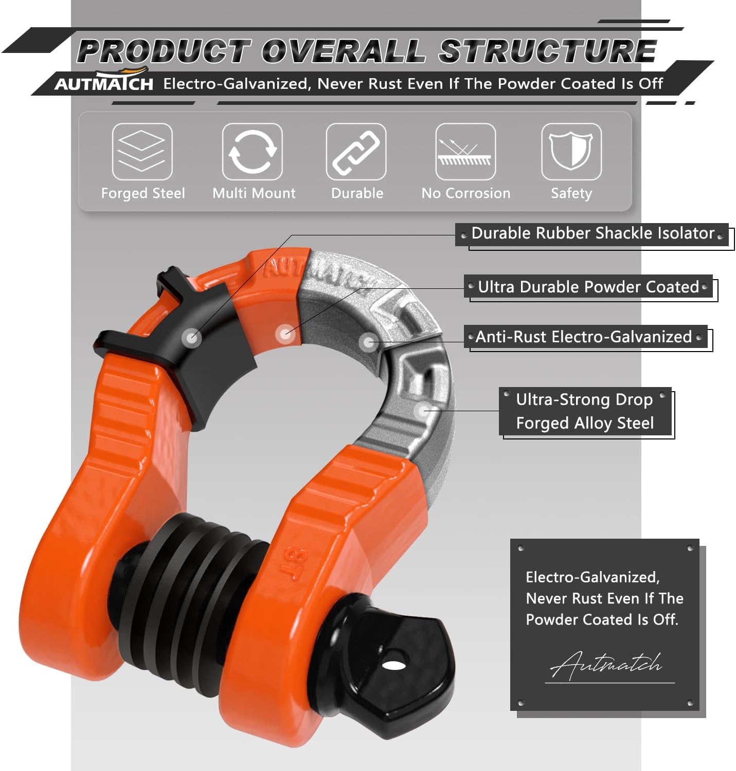 AUTMATCH D Ring Shackles 3/4" Mega Shackle (2 Pack) 68,000Ibs Break Strength - Heavy Duty Clevis Shackles with 7/8" Screw Pin and Isolator Washer for Tow Strap Winch Off Road Vehicle Recovery, Orange