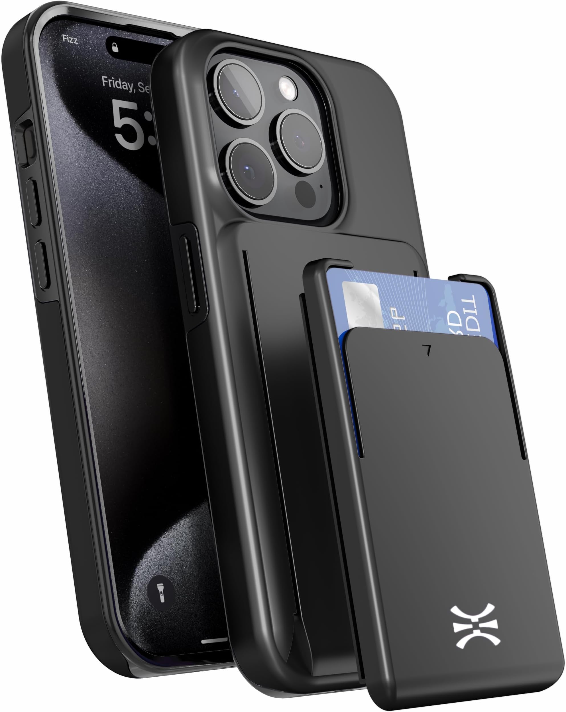 TORU CX PRO for iPhone 15 Pro Hard Wallet Case with Detachable Sliding Card Holder for 3 Cards | Slim Dual Layer Protective Shockproof Cover for Wireless Charging - Black