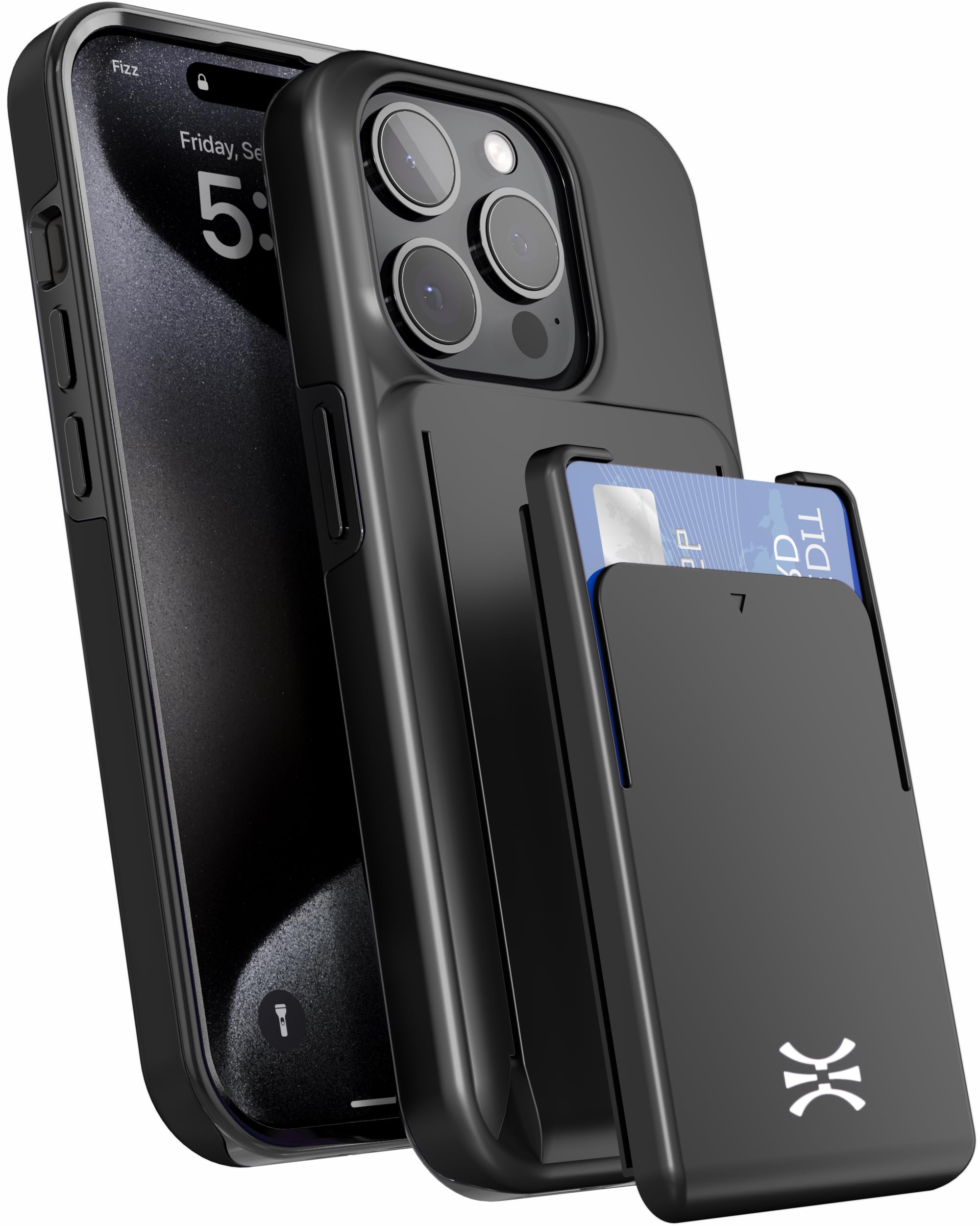 TORU CX PRO for iPhone 15 Pro Hard Wallet Case with Detachable Sliding Card Holder for 3 Cards | Slim Dual Layer Protective Shockproof Cover for Wireless Charging - Black