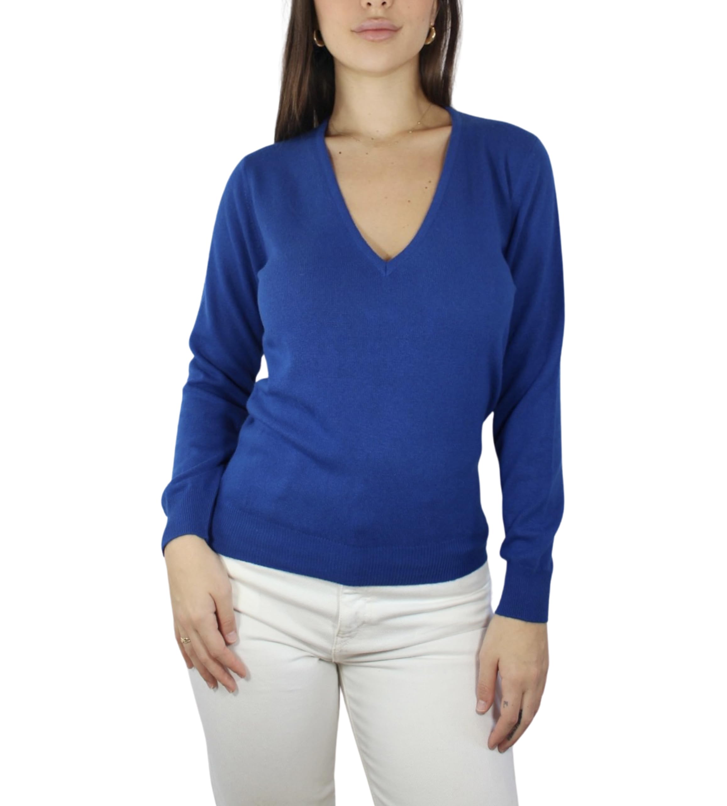 Win's Women's Cashmere V-Neck Sweater, Made in Italy, dark blue, XXL