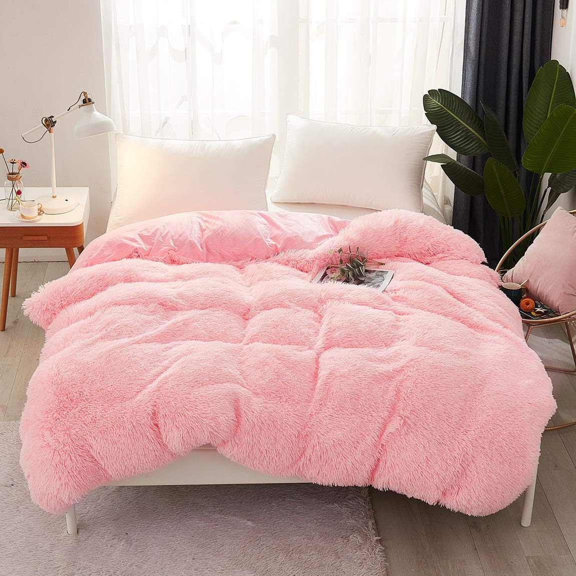 JAUXIO Luxurious 1PC Faux Fur Duvet Cover Plush Shaggy Bed Blanket Ultra Soft Crystal Velvet Reverse (Pink, King)