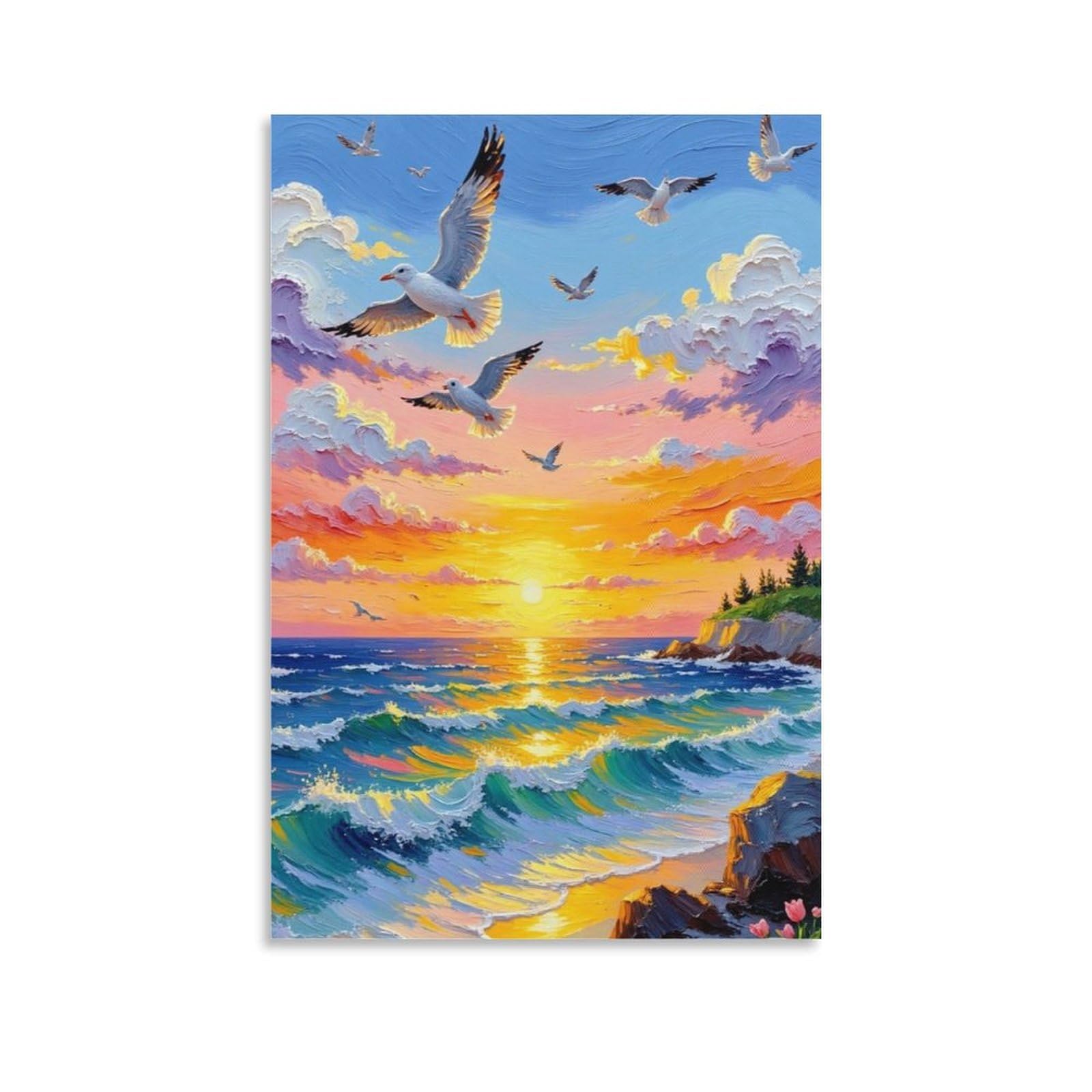 IEJKLUVWX Seagull Ocean Sunset Wall Pictures Coastal Sunset Waterproof Canvas High Definition Easy to Install for Sofa Background Kitchen Office Worker Original 20x30inch(50x75cm)