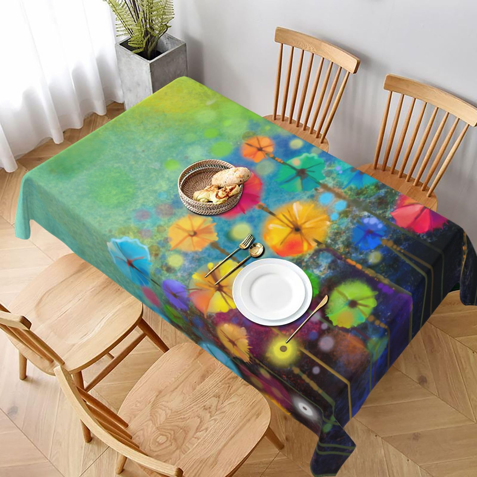 BNVSADC Abstract Style Colorful Flowers Printed Rectangle Tablecloth 228x152 CM, Water Resistant Polyester Table Cloth Decorative Fabric Table Covers for Kitchen Dining Table Parties Camping