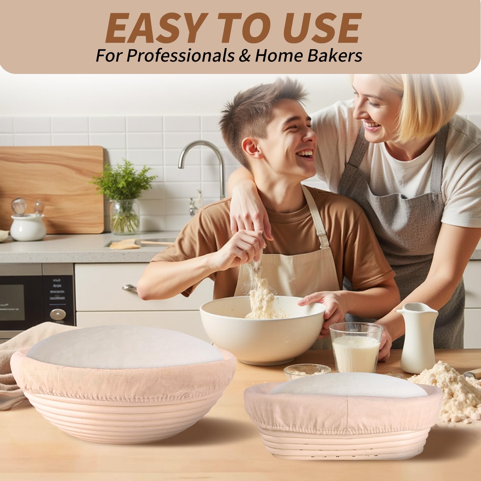 VONAHAST Banneton Proofing Basket Set - 9-inch Round and 10-inch Oval Bread Baking Supplies, Sourdough Tools & Bread Making Accessories for Artisan Baking