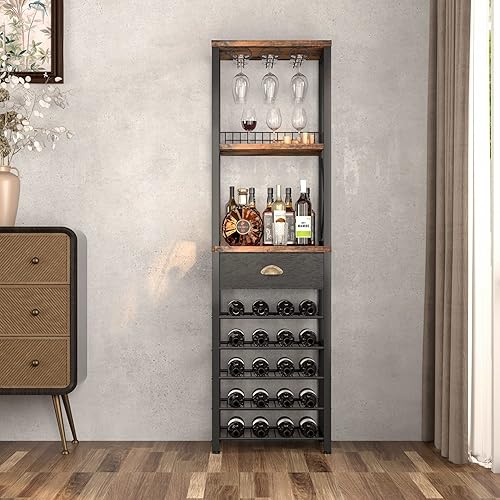 Miniatura 3 de Homeiju Estante de vino independiente para piso, gabinete de bar para licores y vasos, gabinete de barra de 4 niveles con mesa, soporte para vidrio,