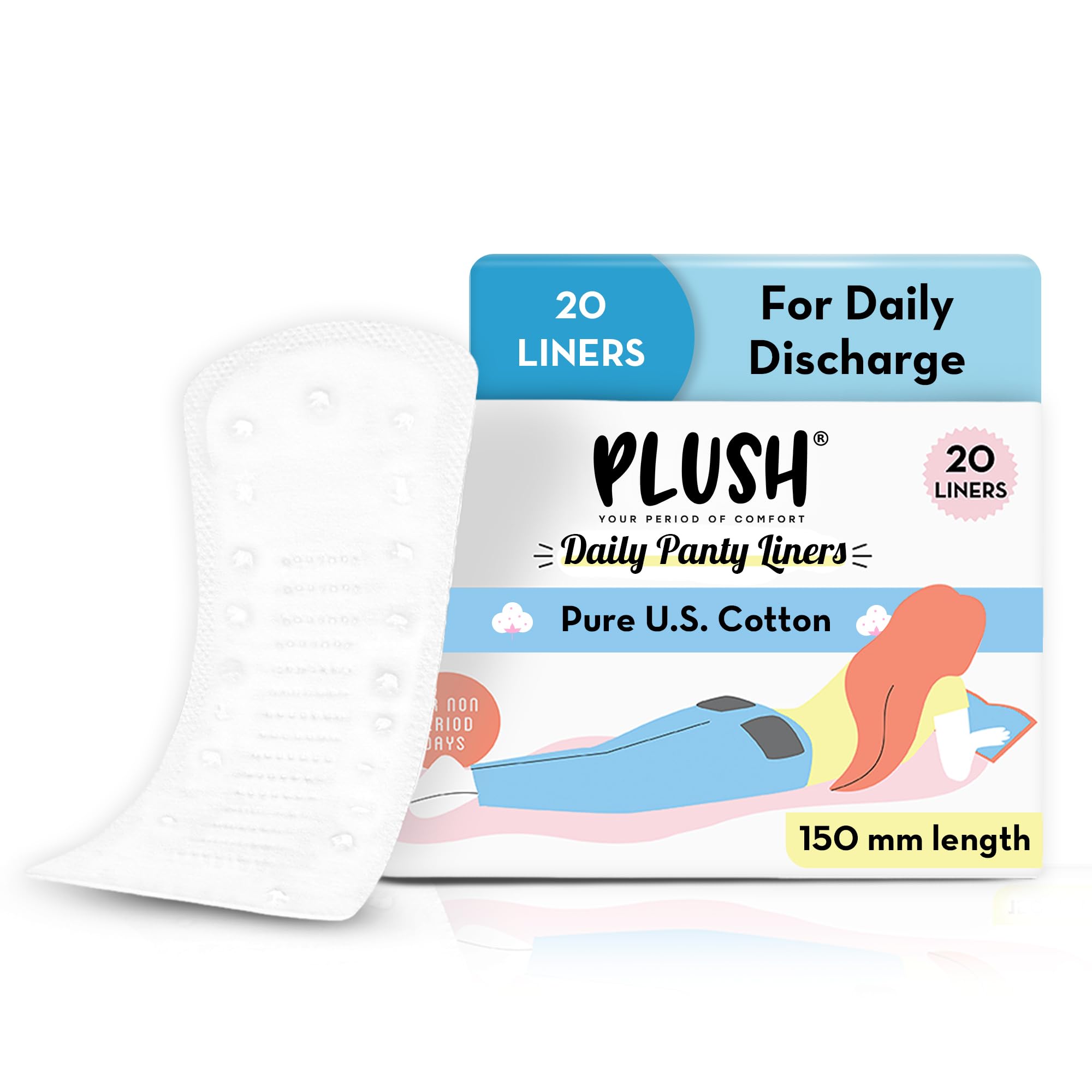 Plush Ultra Thin Panty Liners for Women Daily Use, 20 Liners | 1mm Thin, 150mm Long | Pure U.S. Cotton Liners for Rash-Free Periods | Suitable For Sensitive Skin | No Toxins, No Parabens