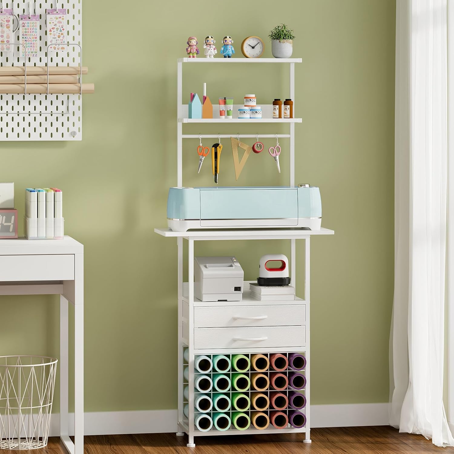Craft Organizers and Storage Cart with Fabric Drawer, Craft Table for Cricut Machines, 4 Tiers Crafting Desk Vinyl Roll Holder, Crafting Table Workstation for Craft Room Home, White