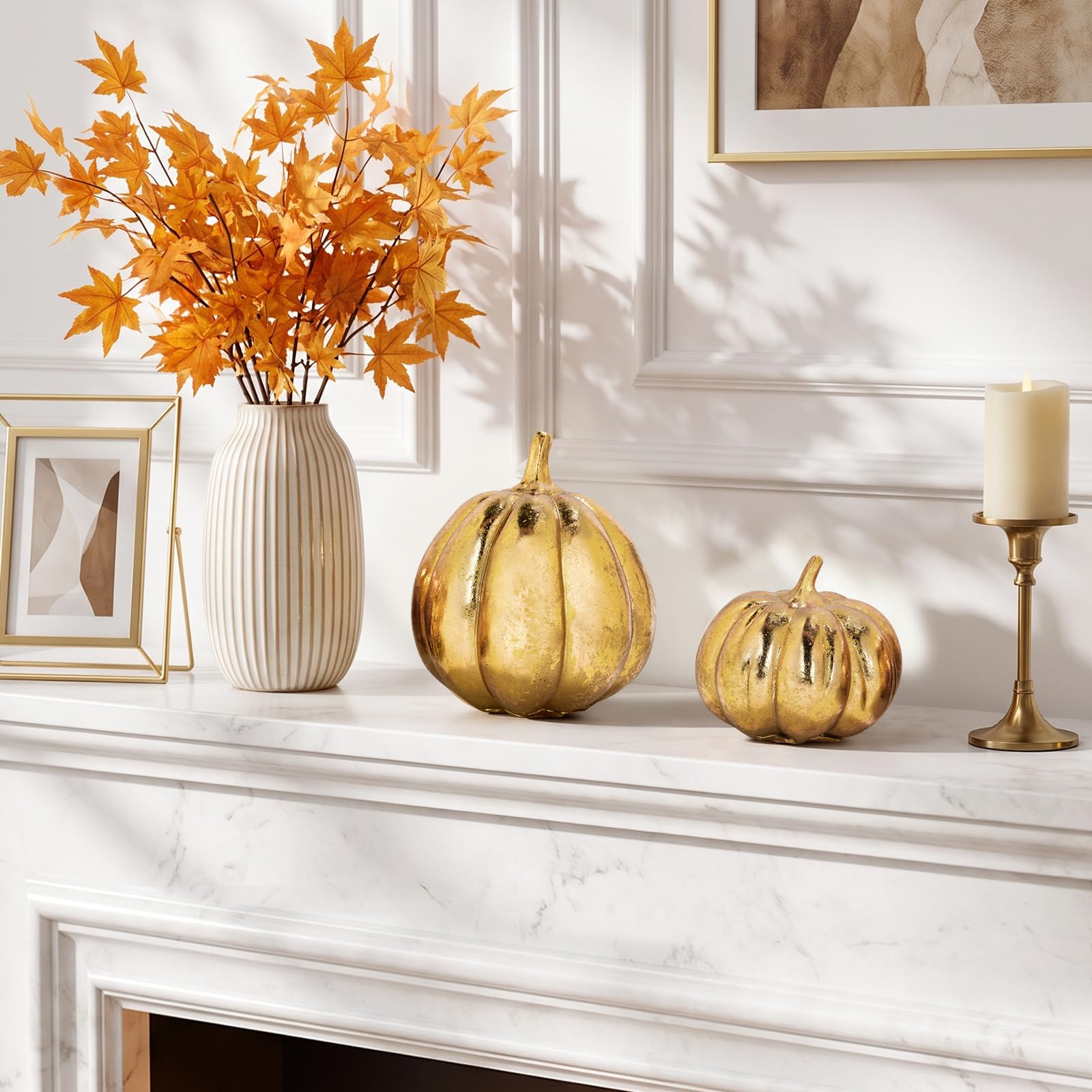 Set di 2 decorazioni autunnali in resina a forma di zucca dorata | Farmhouse Thanksgiving Centrotavola oro metallizzato raccolto zucche per interni ed esterni giardino a più livelli mensola