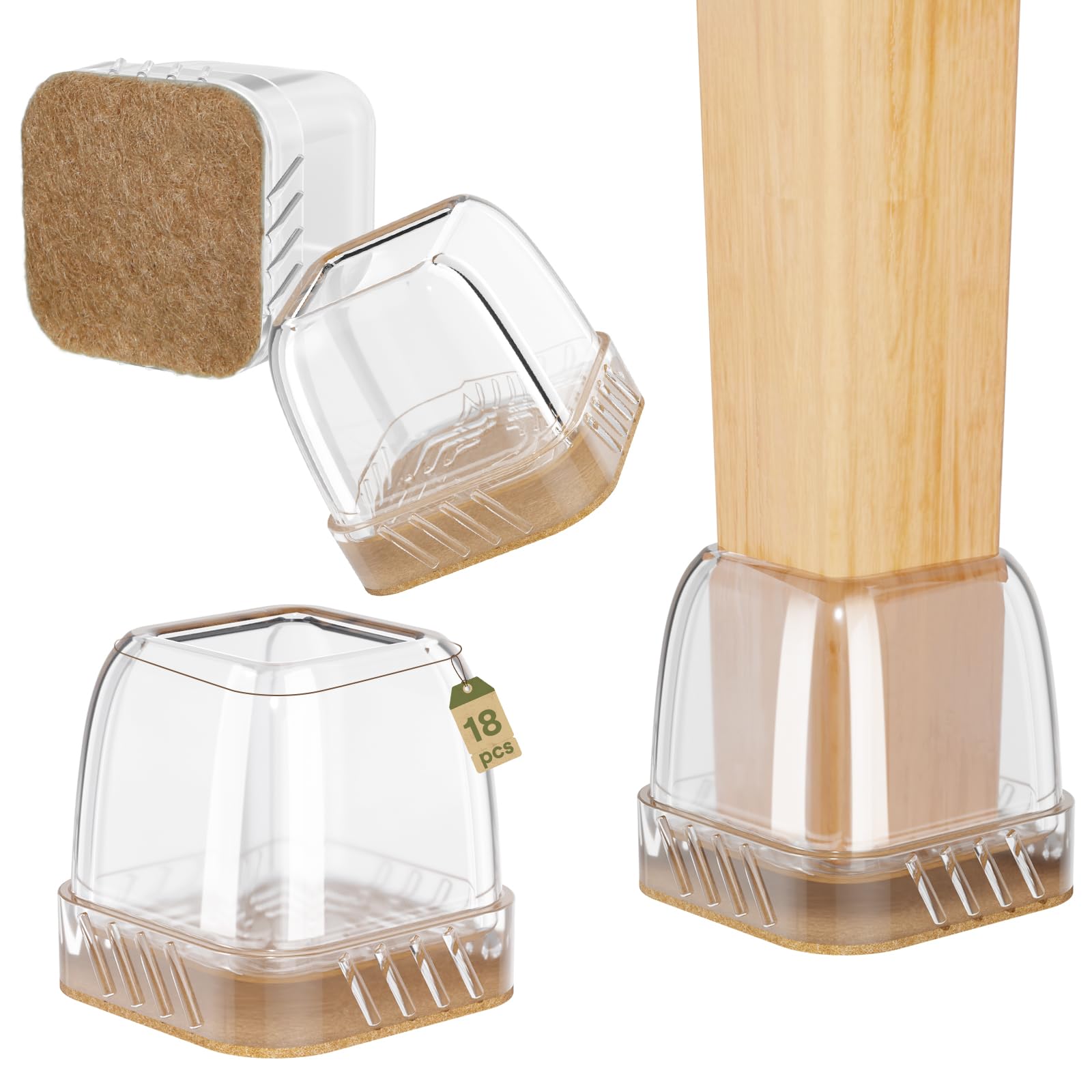 Euqvunn 18pcs Protectores patas Sillas Cuadradas, Protectores de Suelo para Patas de Silla, Transparente Patas de Silla, Tapas de Silicona para Patas de Silla con Fieltro, Tapones patas Sillas 14-19mm