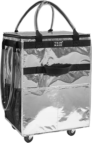 Miniatura 17 de Bolsa de comestibles reutilizable con ruedas, carrito de compras, bolsa con ruedas con 8 bolsillos y cubierta con cremallera, plegable, asas