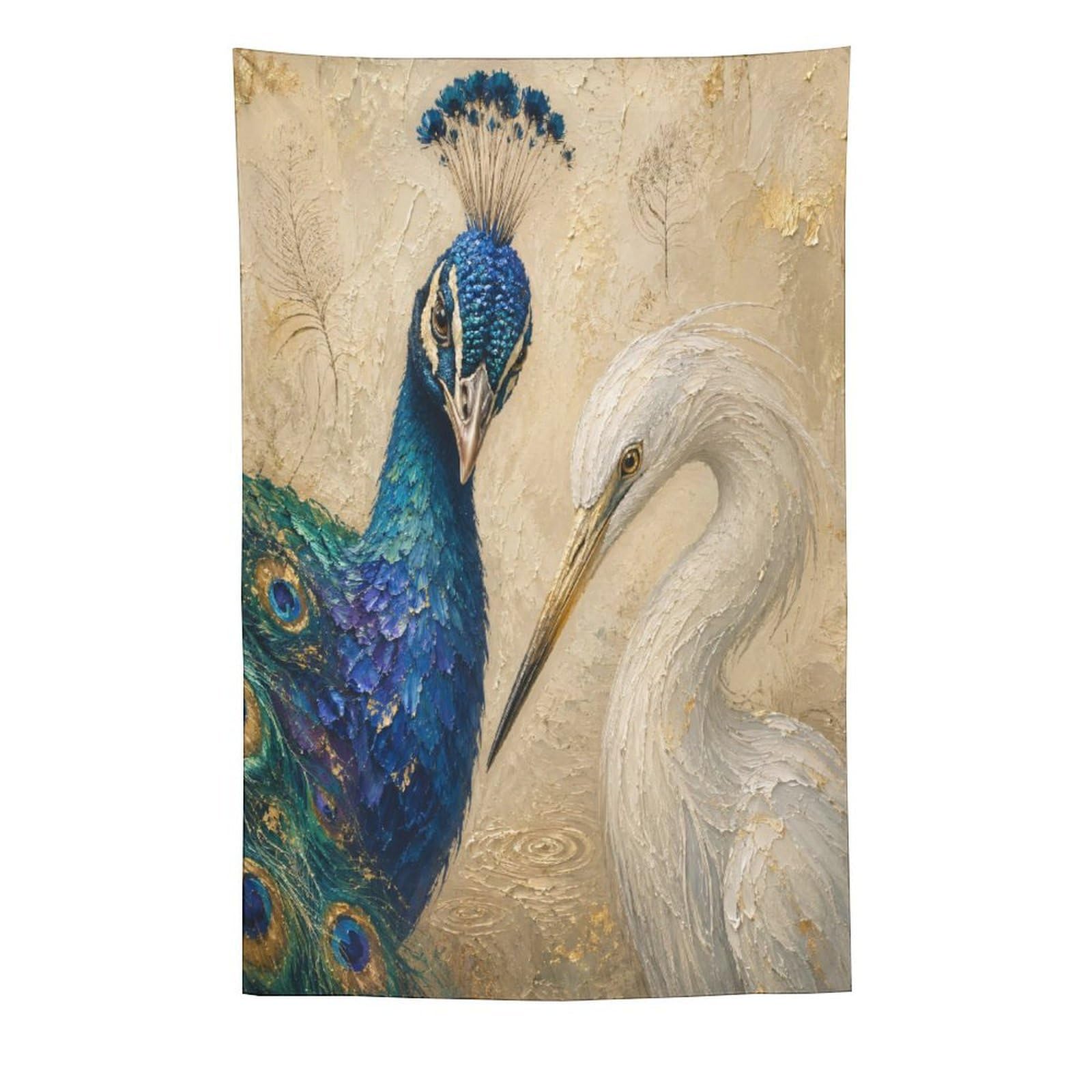 W7C8U2X3 Peacock and Egret Wall Tapestry, Detailed Illustration, Entryway