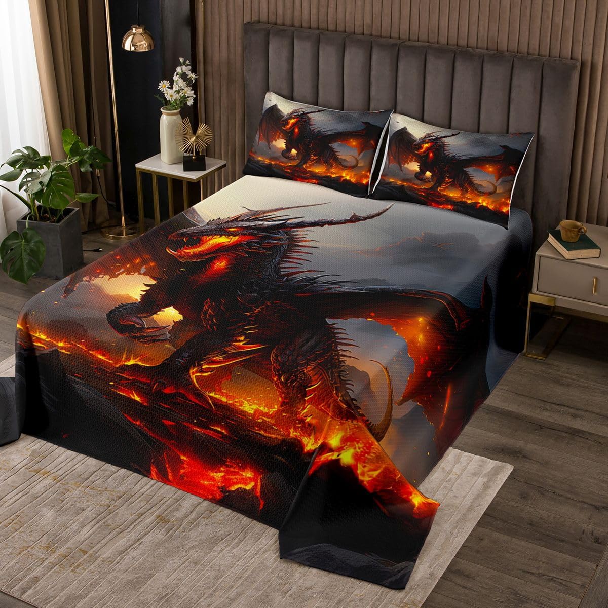 Erosebridal Lightning Dragon Quilt Set Queen Magical Animal Bedspread Set for Kids Boys Fantasy Mysterious Wildlife Coverlet Set Cartoon Starry Sky Blue Moon Room Decor Bed Set