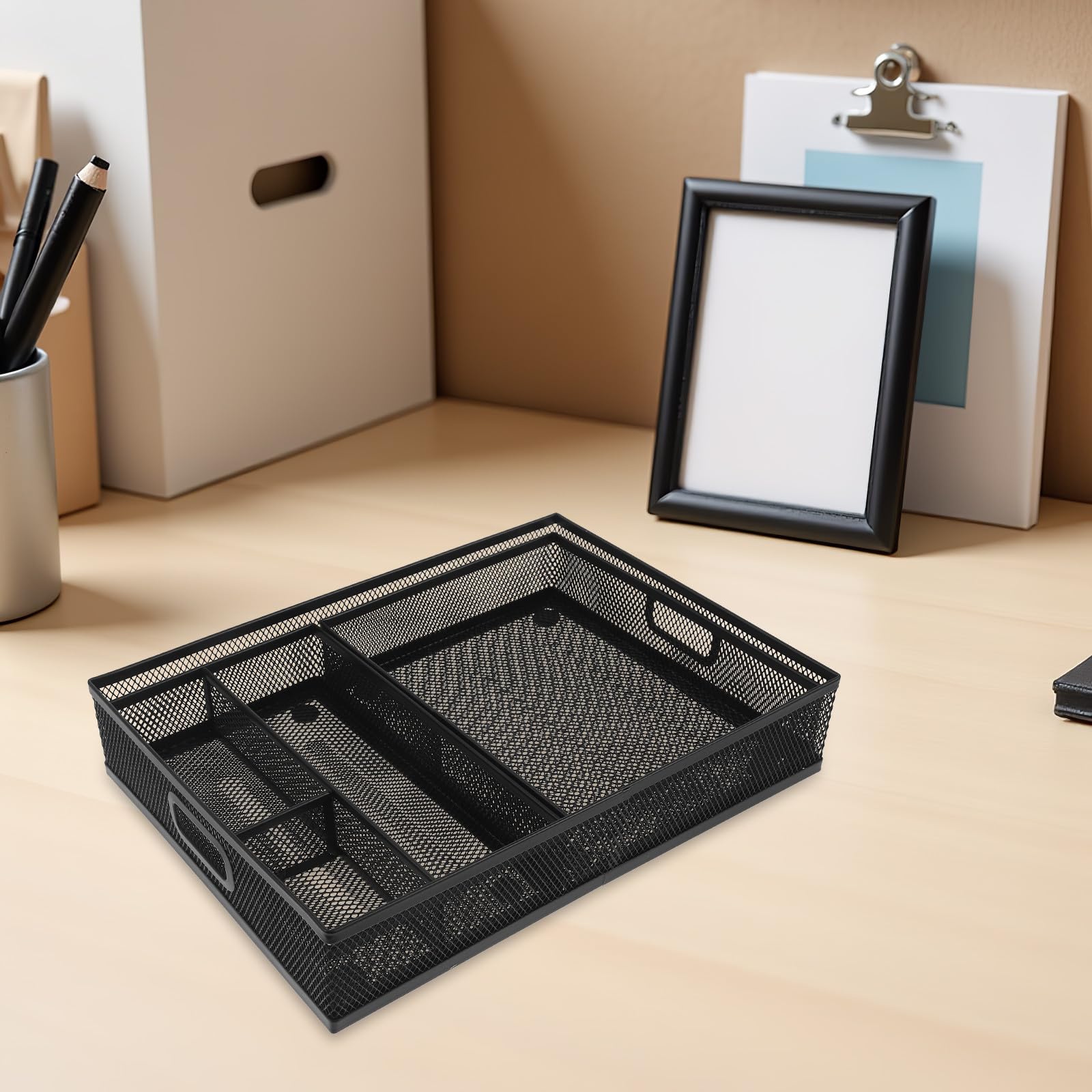 3 separadores de cajones de metal para escritorio - Organizador de cajones de malla metálica pequeña - Caja de almacenamiento de artículos de oficina para escritorio, baño, cocina y