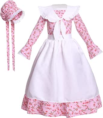 LTAKK Girls Pioneer Prairie Dress Costume - 3 Piece Set With Bonnet & Apron, Pink Dots (Medium 6-7 Yrs)