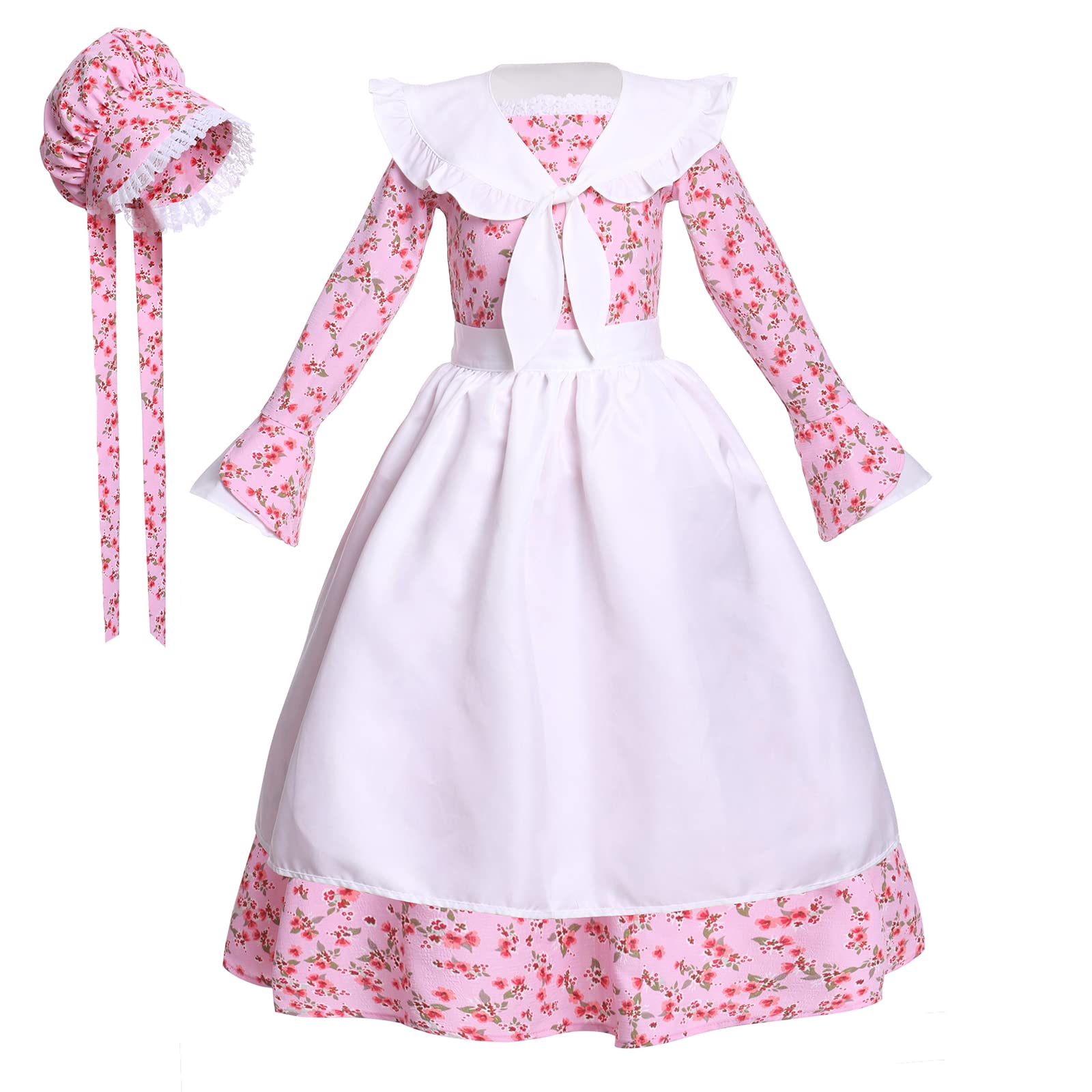 mutouPrairie Dresses Girls Colonial Costume Pioneer Girl Costume Floral Pilgrim Dress