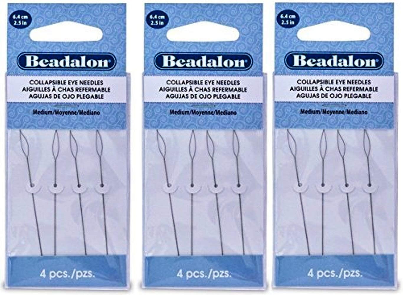 3 Packs - Beadalon Collapsible Eye Needles 2.5" Medium 4pcs/pk - 12 Needles Total (in Rigid Pak TM Mailer)