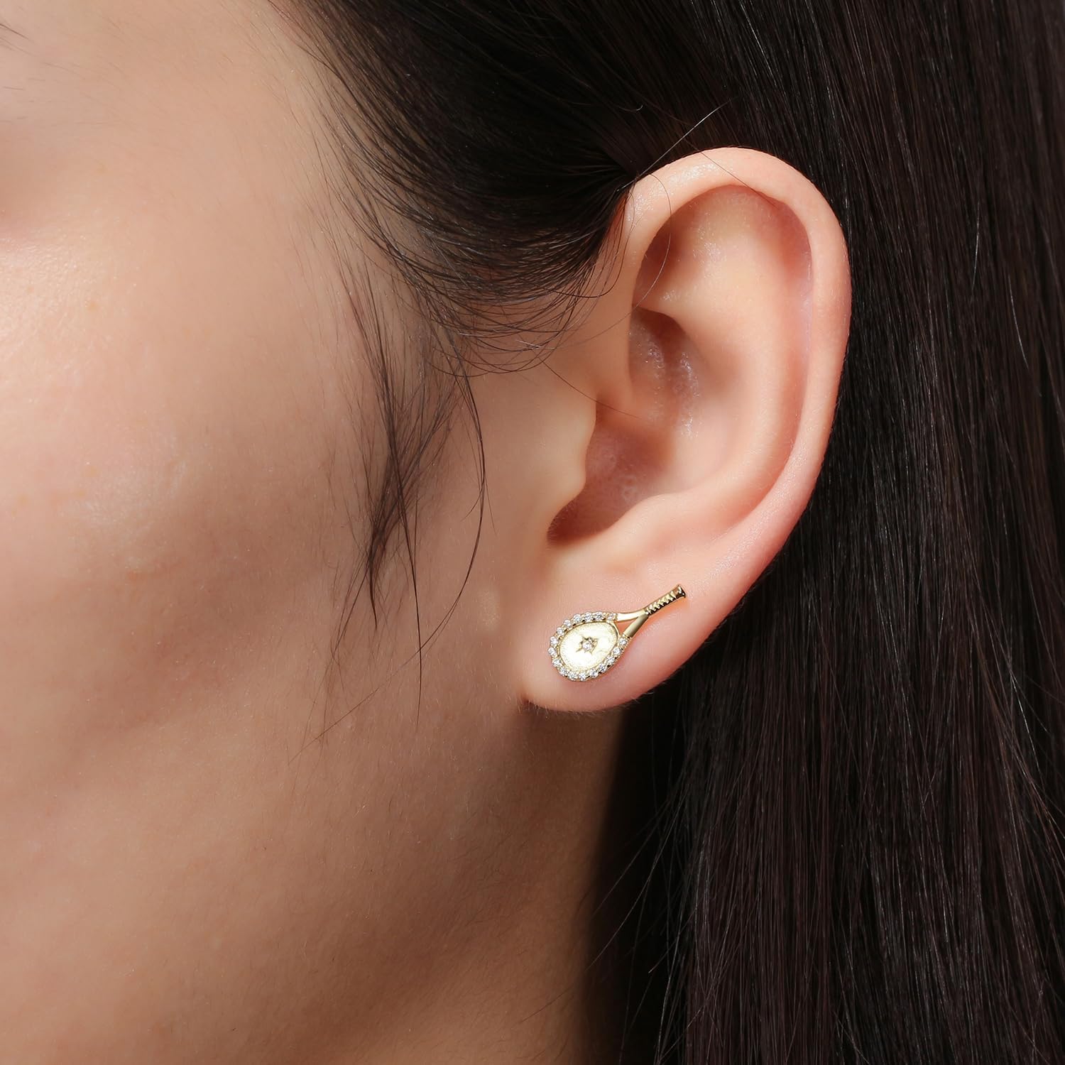 Lovematch Tennis Racquet Earrings for Women | 18 K Gold Plated Trendy Cubic Zirconia Tennis Racket Earrings | Racket Stud Earrings for Tennis Lovers