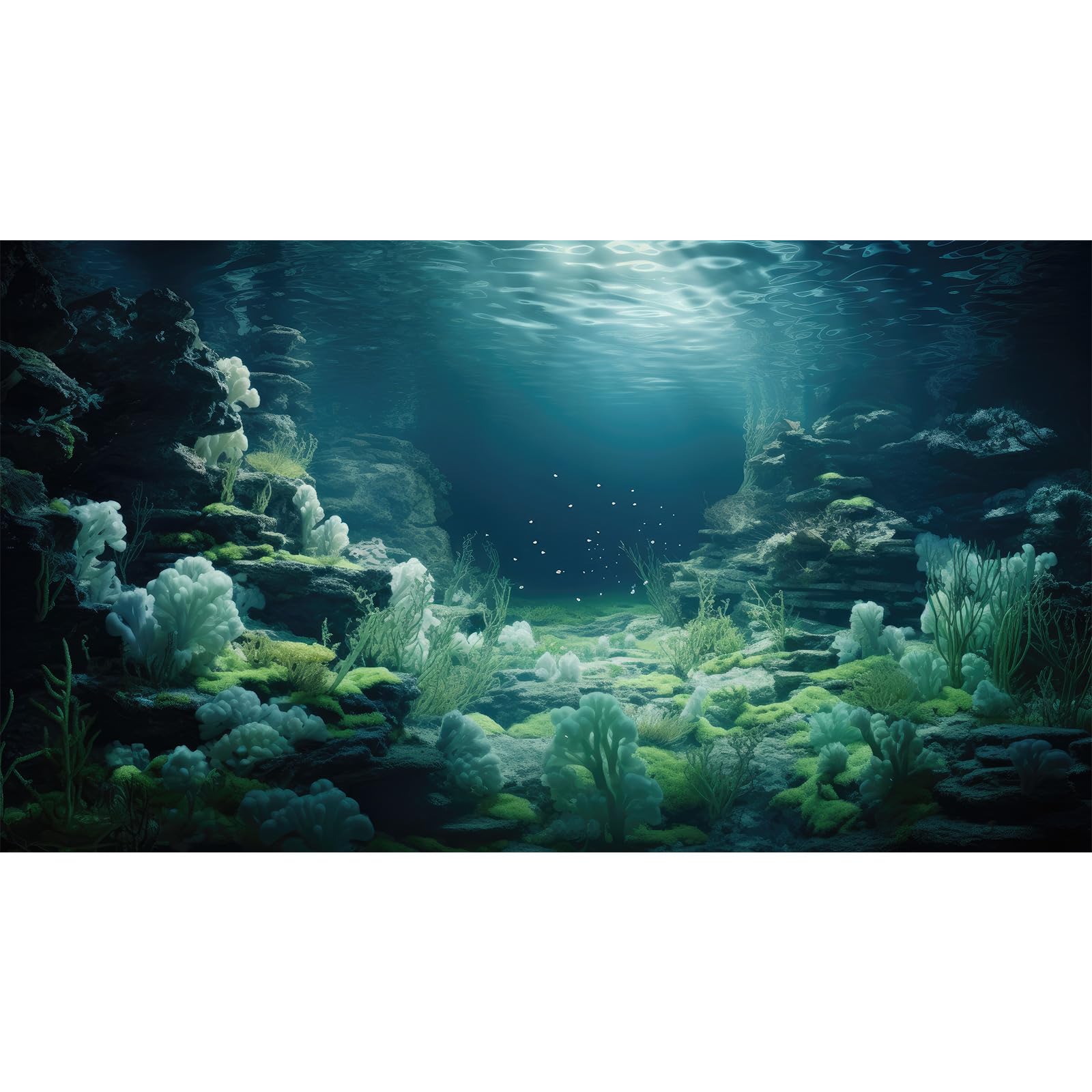 Aquarium Background Underwater Bioluminescent Life Coral Terrarium Backdrop White Coral Lush Moss Fish Tank Background Rock Sunlight Rays Tank Aquarium Wallpaper Poster Vinyl 72x16in