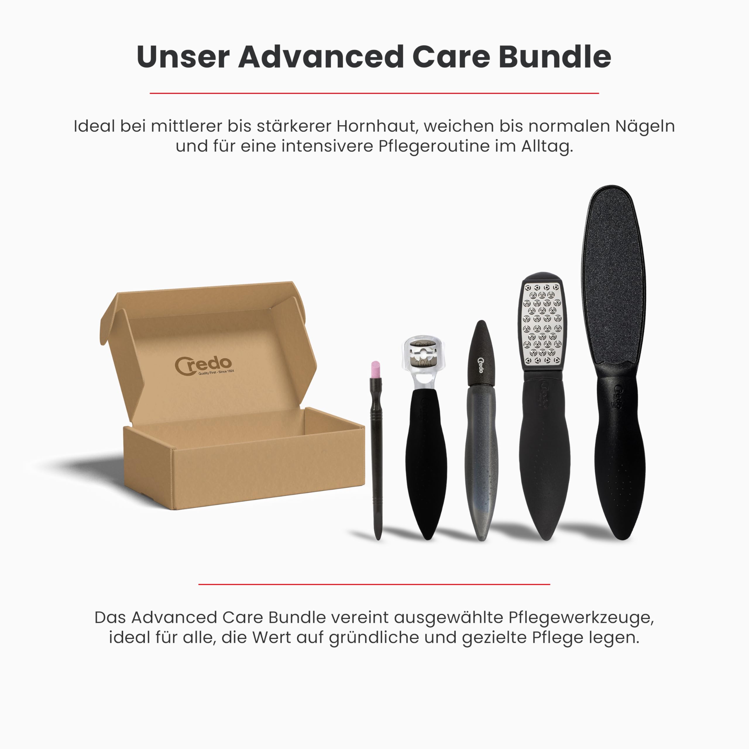 Credo BlackLine Advanced Care Bundle Fußpflege Set | mit SmartCutter, Safety Hornhauthobel, DuoSoft, Keramiknagelfeile & Keramik-Nagelhautentferner | intensive Fuß- und Nagelpflege
