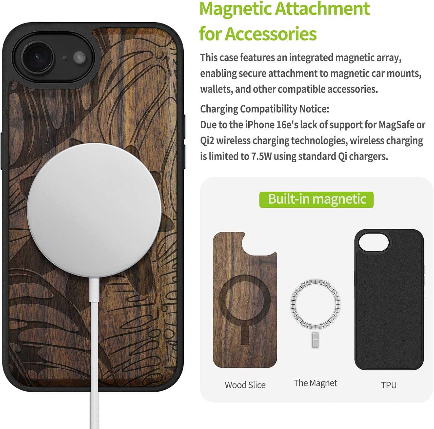 Carveit Magnetic Wooden Case for iPhone 16e / 17e, Solid Wood & Black TPU, Artisan Engraved Design, Shockproof Cover, Compatible with MagSafe Wireless Chargers, A Symphony of Jungle Foliage - Walnut