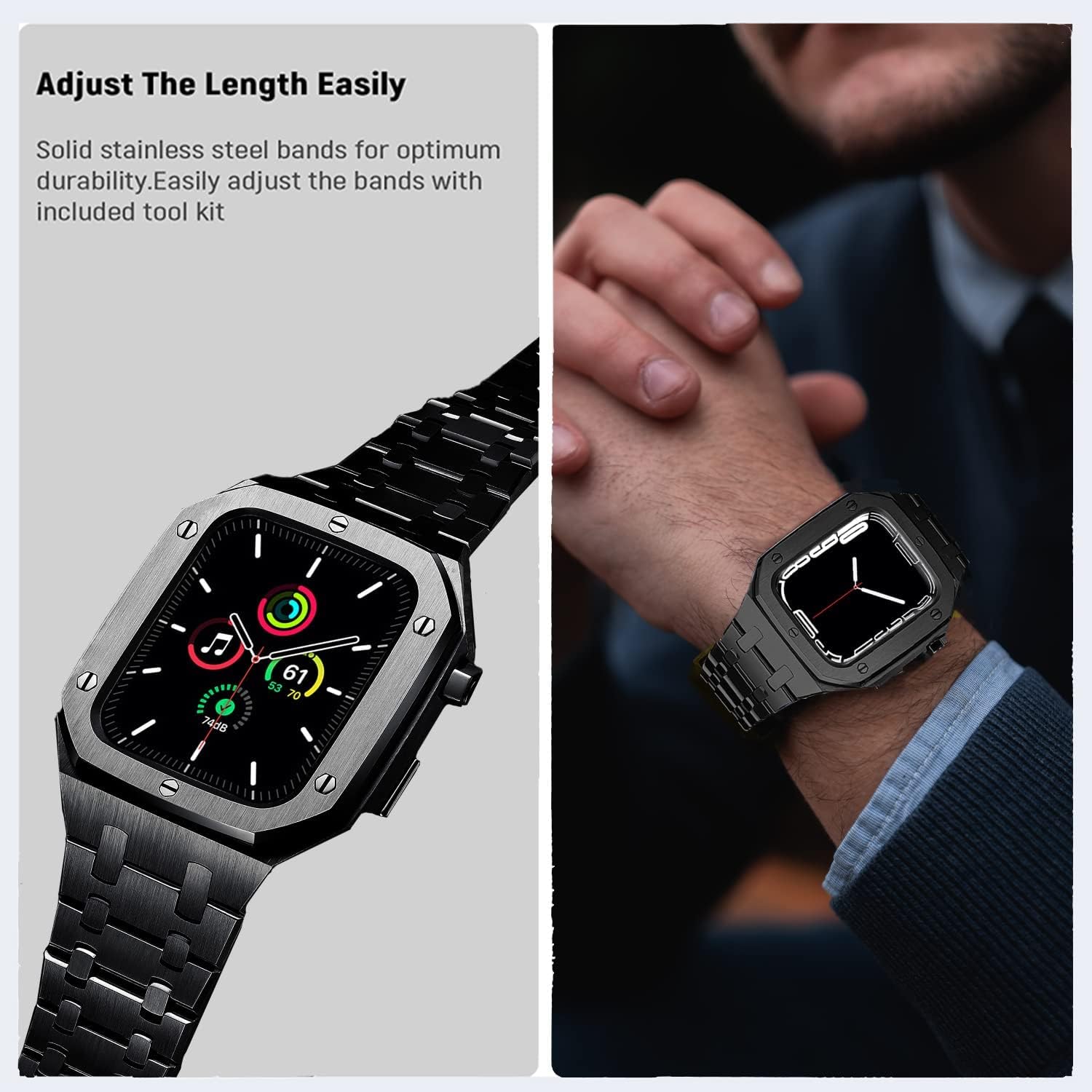 Olytop Stainless Steel Bands Metal Bezel for Apple Watch 7 Apple Mod Watch 45mm, Luxury Stainless Steel Replacement Wristbands Strap iWatch Series 7 for Men【Black, 45mm】