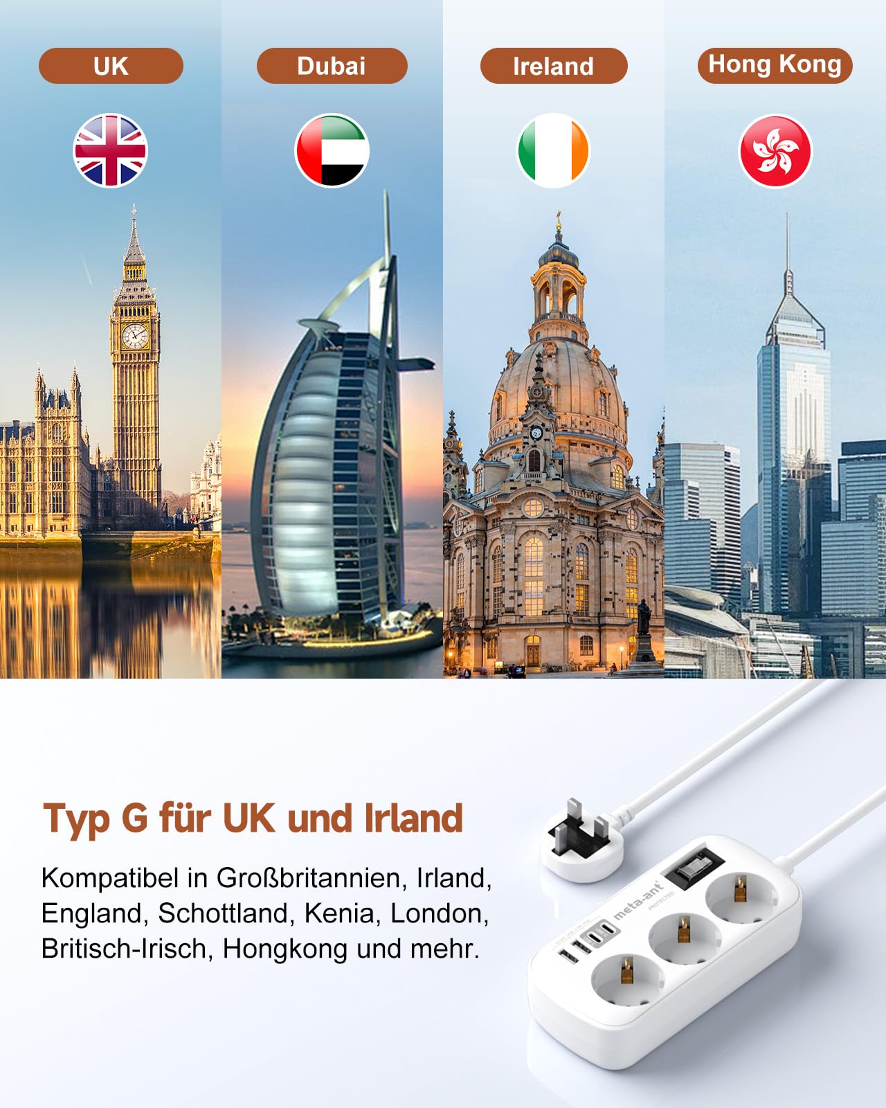 Reiseadapter UK Adapter England Deutschland Stecker, 7 in1 Steckdosenadapter England mit 3AC 2 USB C und 2 USB A, Reiseadapter Typ G für London Malta Irland Dubai, Adapter UK auf EU