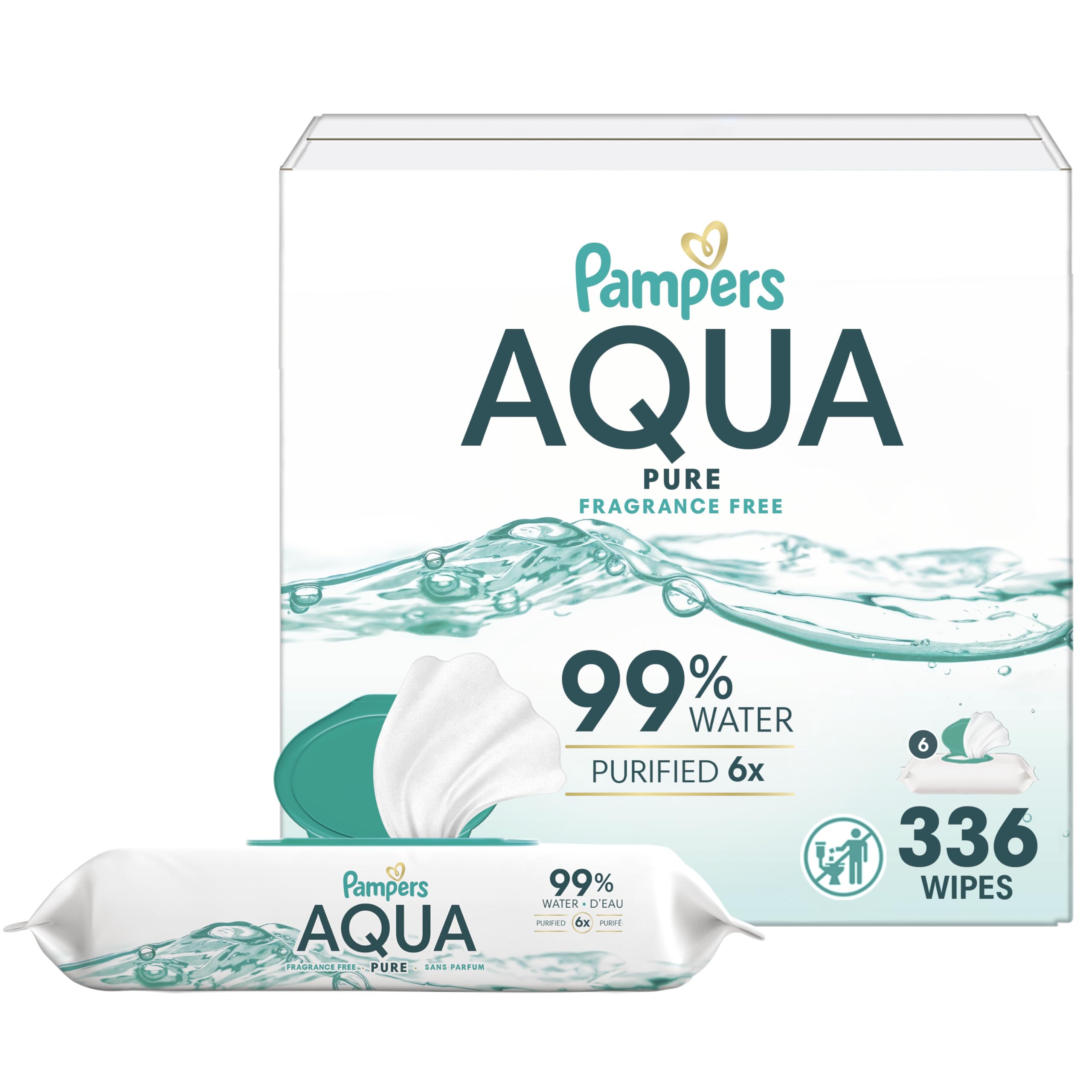PampersAqua Pure Baby Wipes, 99% Water, Fragrance Free, 336 Baby Wipes Total (6X Flip-Top Packs) [Packaging May Vary]