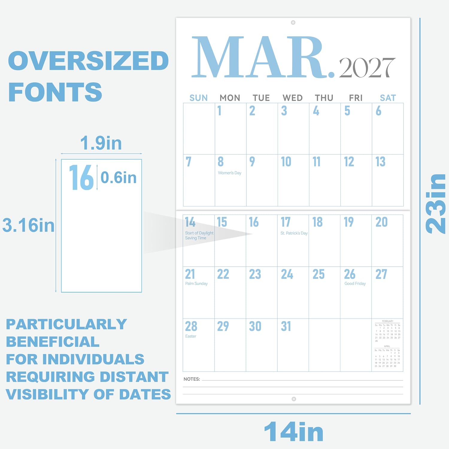 GuassLee Wall Calendar 2026-2027 Large, 23"x14" Vertical Wall Calendar 2026, 13-Month from 2026 Jun to 2027 Jun, Monthly Planner Hanging Calendar with Big Grid Big Numbers for Home Office Organizing thumbnail