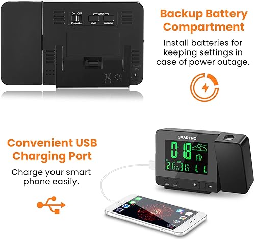 Miniatura 7 de SMARTRO - Reloj despertador digital de proyección con estación meteorológica, termómetro para interiores y exteriores, cargador USB, despertador