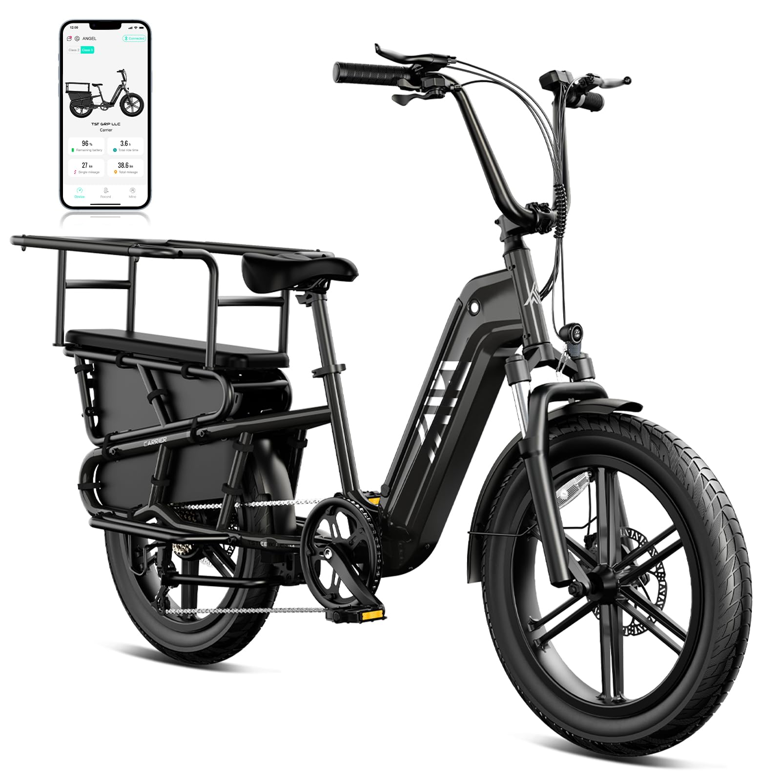 TST White Electric Bike for Adults 1500W Peak Motor Cargo E-Bike 60Miles 28MPH 20" Fat Tire Ebikes 48V 15Ah Removable Battery Electric Bicycle Rear Rack with Basket for Commuting and Carrying Goods Black