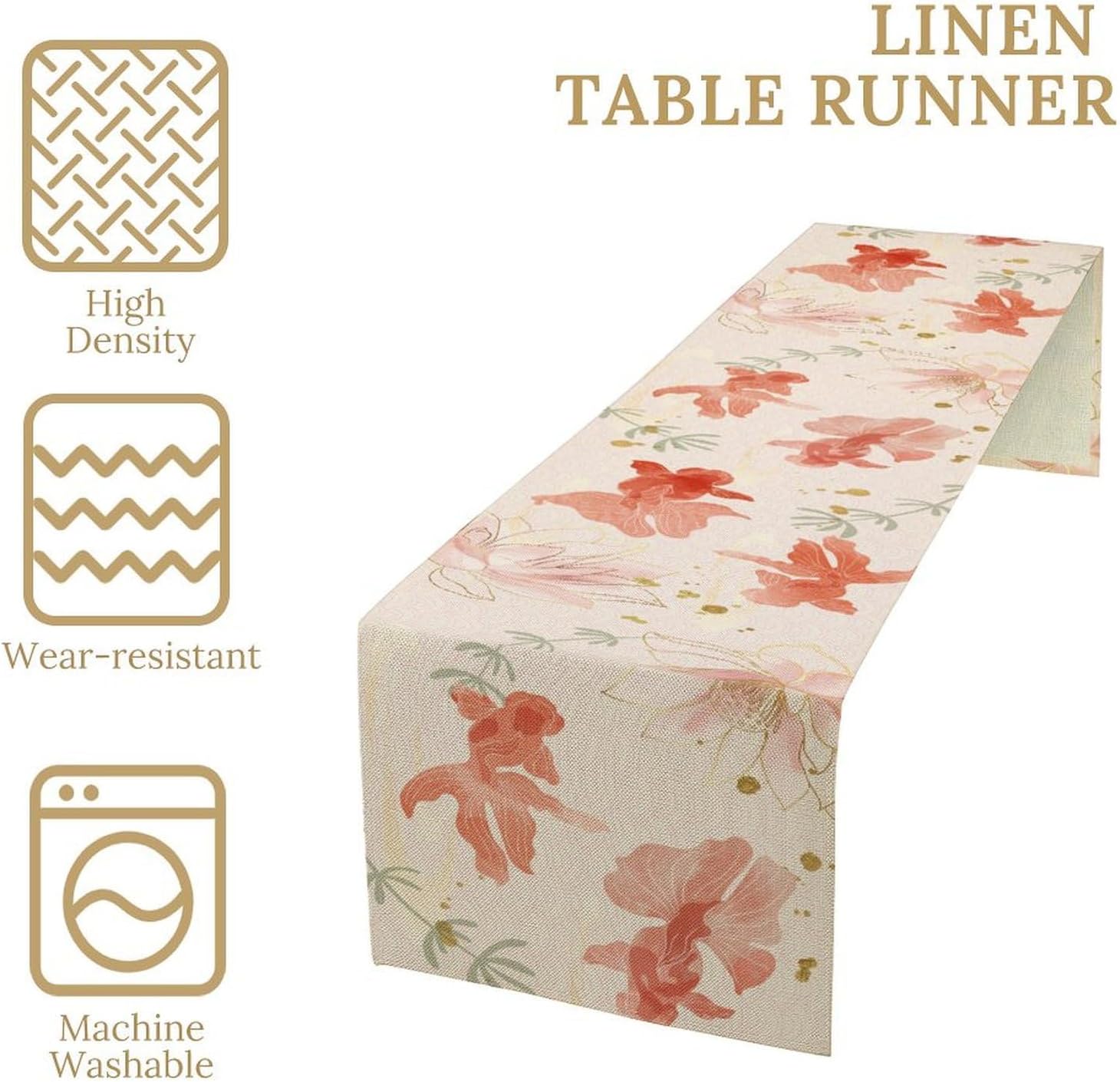 Chinese Goldfish Lotus Table Runner, Asian Oriental Line Art Ink Painting Traditional Culture Table Runner for Home Party Living Room Dinner Kitchen Set, 13x108 Inch