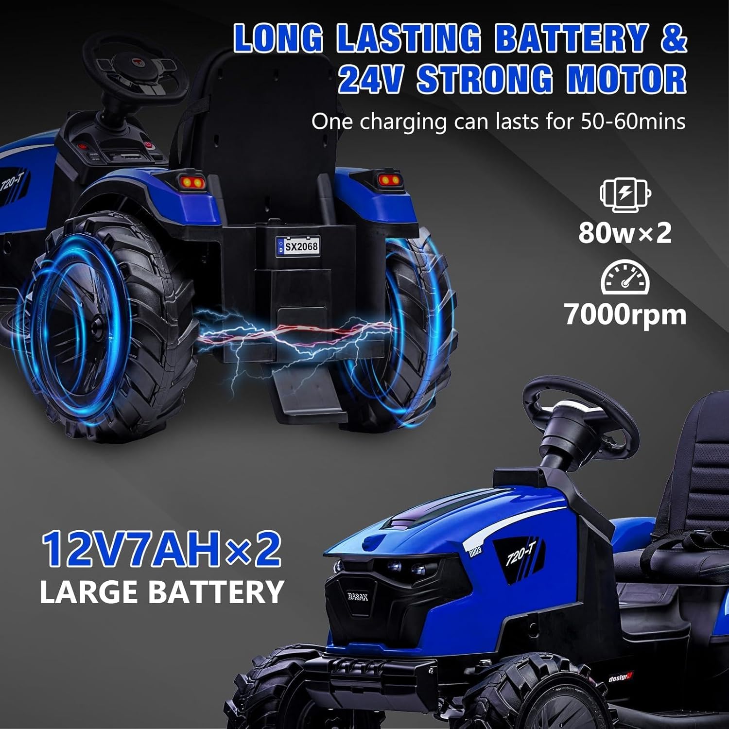 Image highlighting the 24V strong motor and 12V 7AH x 2 large battery, showing the rear wheel area of the ride-on vehicle.