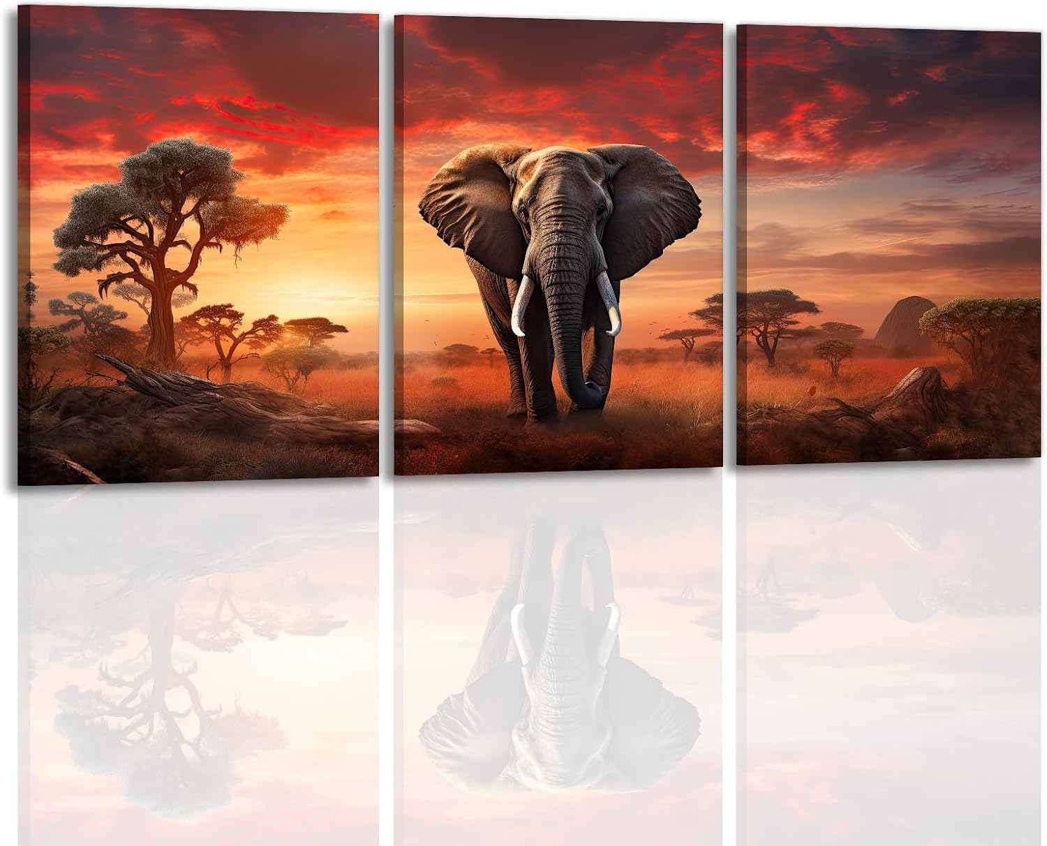 Elephant Jungle Canvas Wall Art 3 Panel Framed Wildlife Landscape Painting for Living Room Bedroom Home Office Wall Decor Ready To Hang(Artwork-2,20"x28"x3pcs)