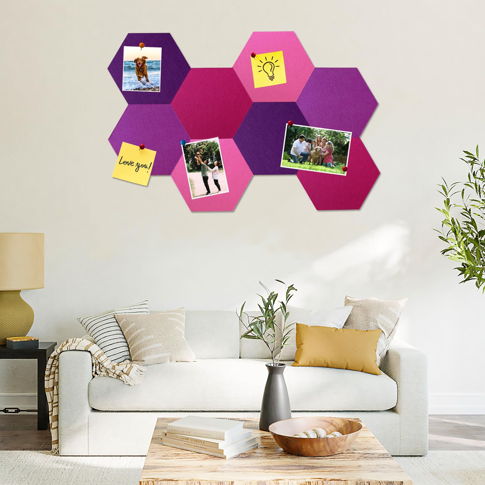8 tableros de corcho de fieltro hexagonales, autoadhesivos, para oficina, escuela, hogar, decoración de pared, pegatinas, notas, fotos(Morado degradado)