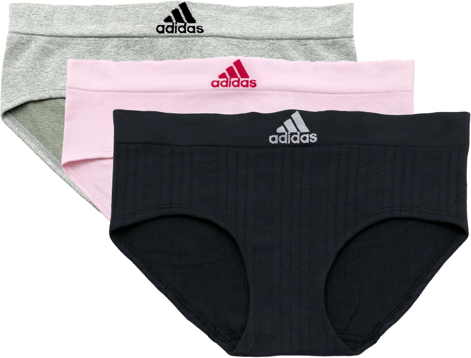 adidas Women's Seamless Hipster Underwear Multipack, Black/Pink Scallop/Heather Grey, Large