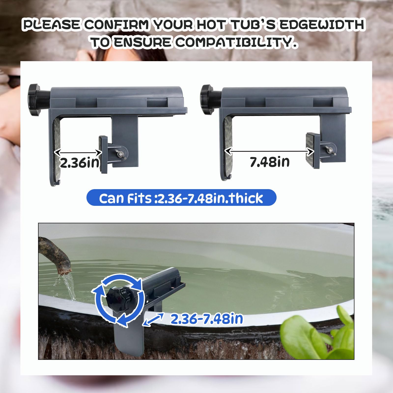 Tavolino regolabile 3 in 1 per vasca idromassaggio con supporto per telefono girevole a 360° e 2 portabicchieri, design antiscivolo e drenante, adatto per vasche idromassaggio/spa/piscina