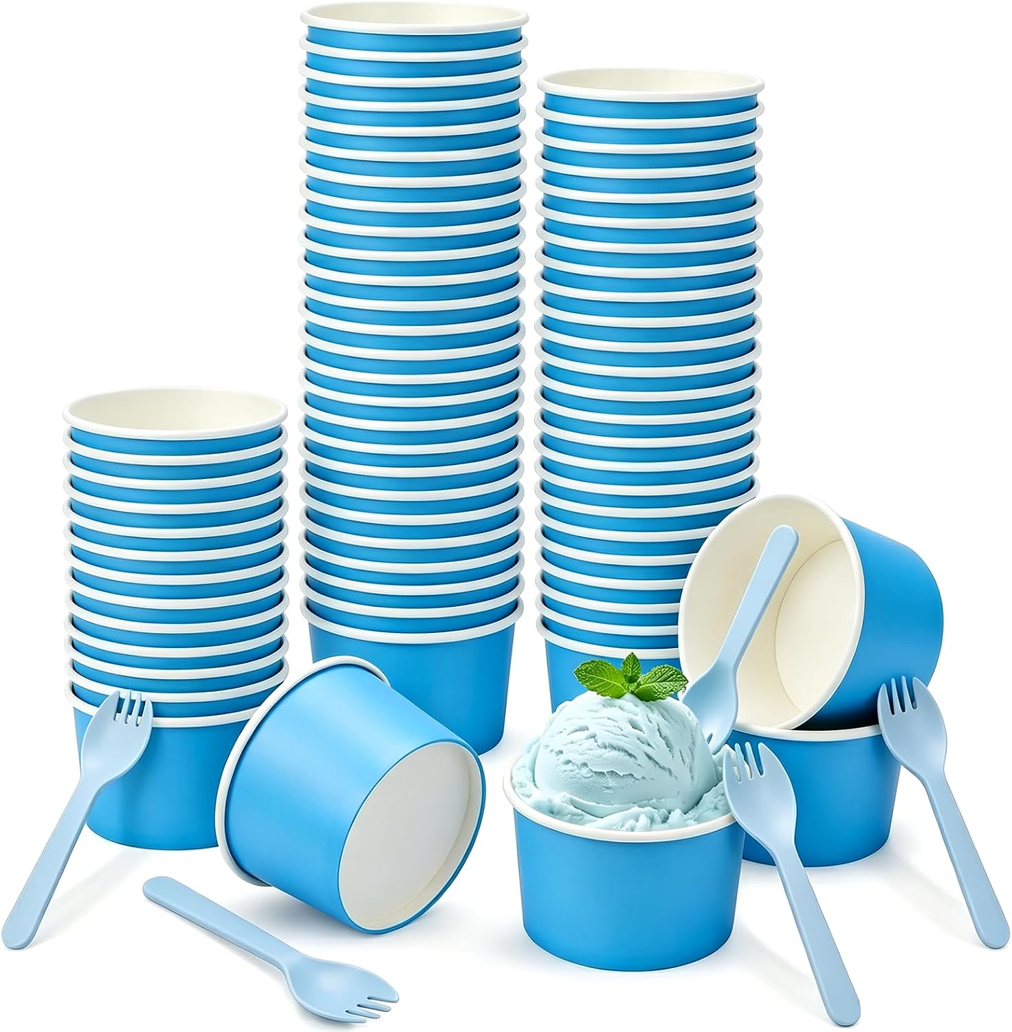 60 Pcs 9 oz Blue Paper Ice Cream Cups, Cake Cups with Spoons, Disposable Dessert Bowls, Party Supplies Food Containers for Dessert Snack Frozen Yogurt Soup