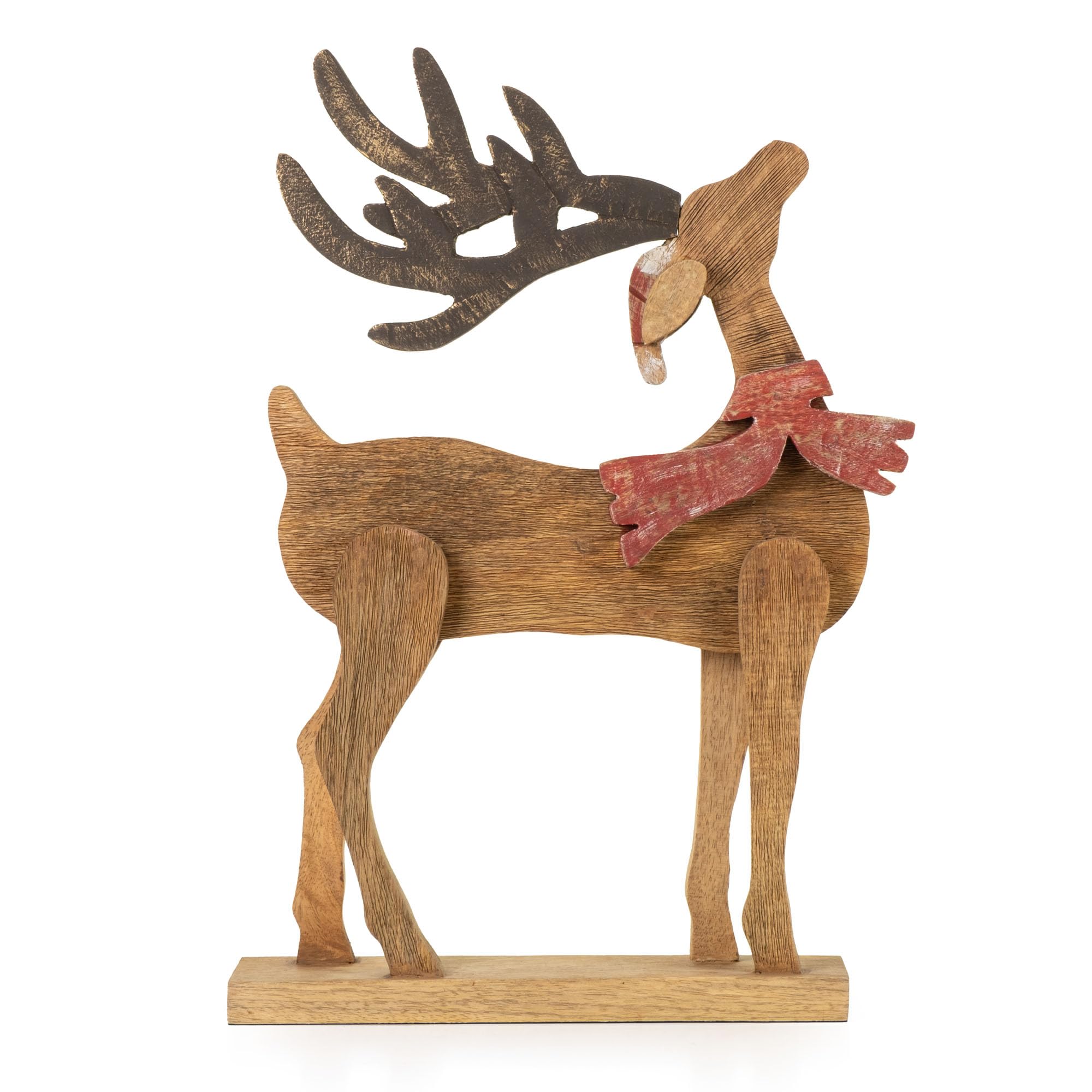 Moritz Décoration de Noël - Figurine de renne en bois de manguier - 55,5 cm - Fabriquée à la main - Avec écharpe rouge et bonnet de Noël - Décoration d'hiver pour salon, rebord de fenêtre ou cheminée