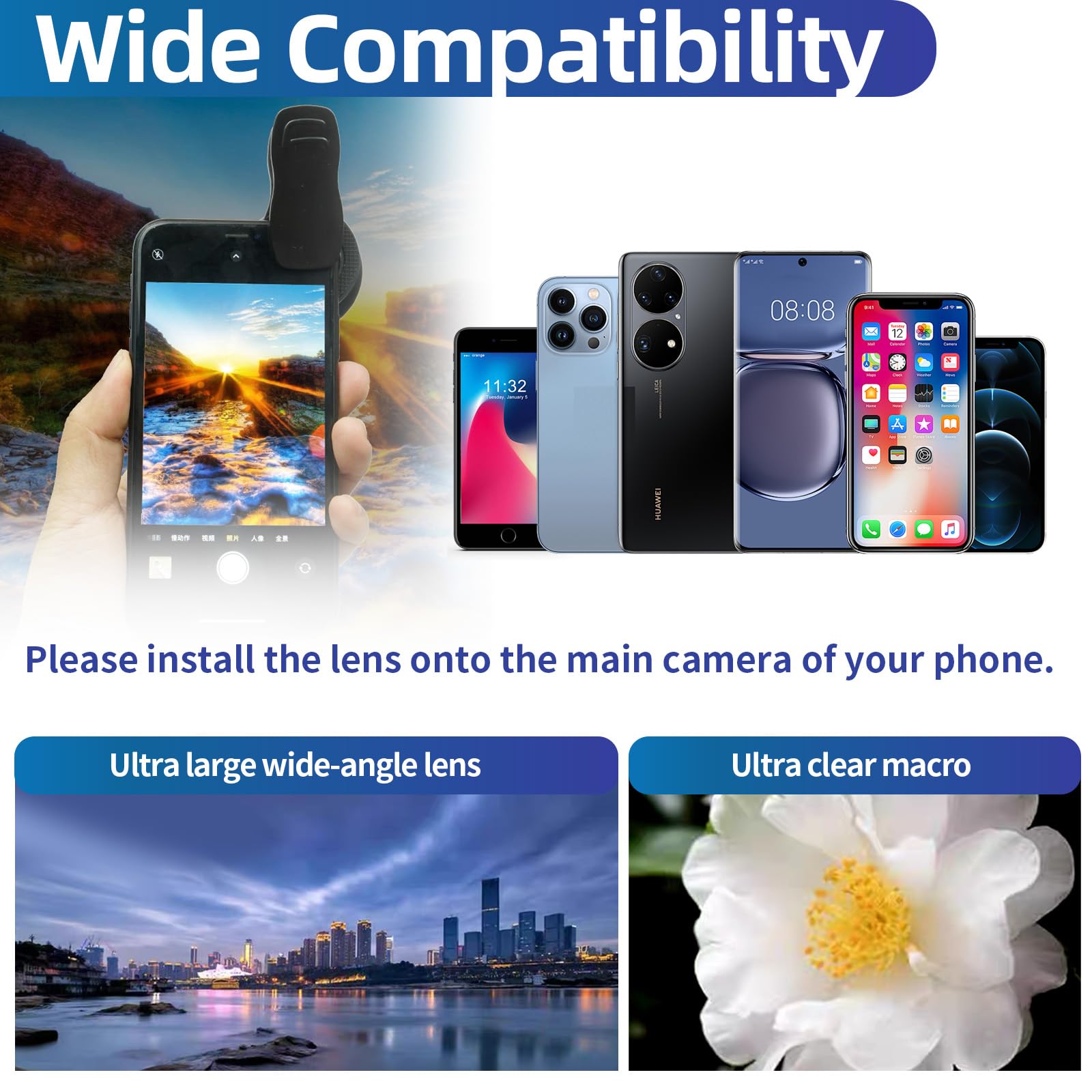 2 en 1 Objectif Macro Smartphone, Universelle Mobile Phone Camera Lenses Kit Objectif pour Smartphone 12.5X Macro Lens + 0.45X 140 Degree Wide Angle Lens pour la Plupart des Smartphones
