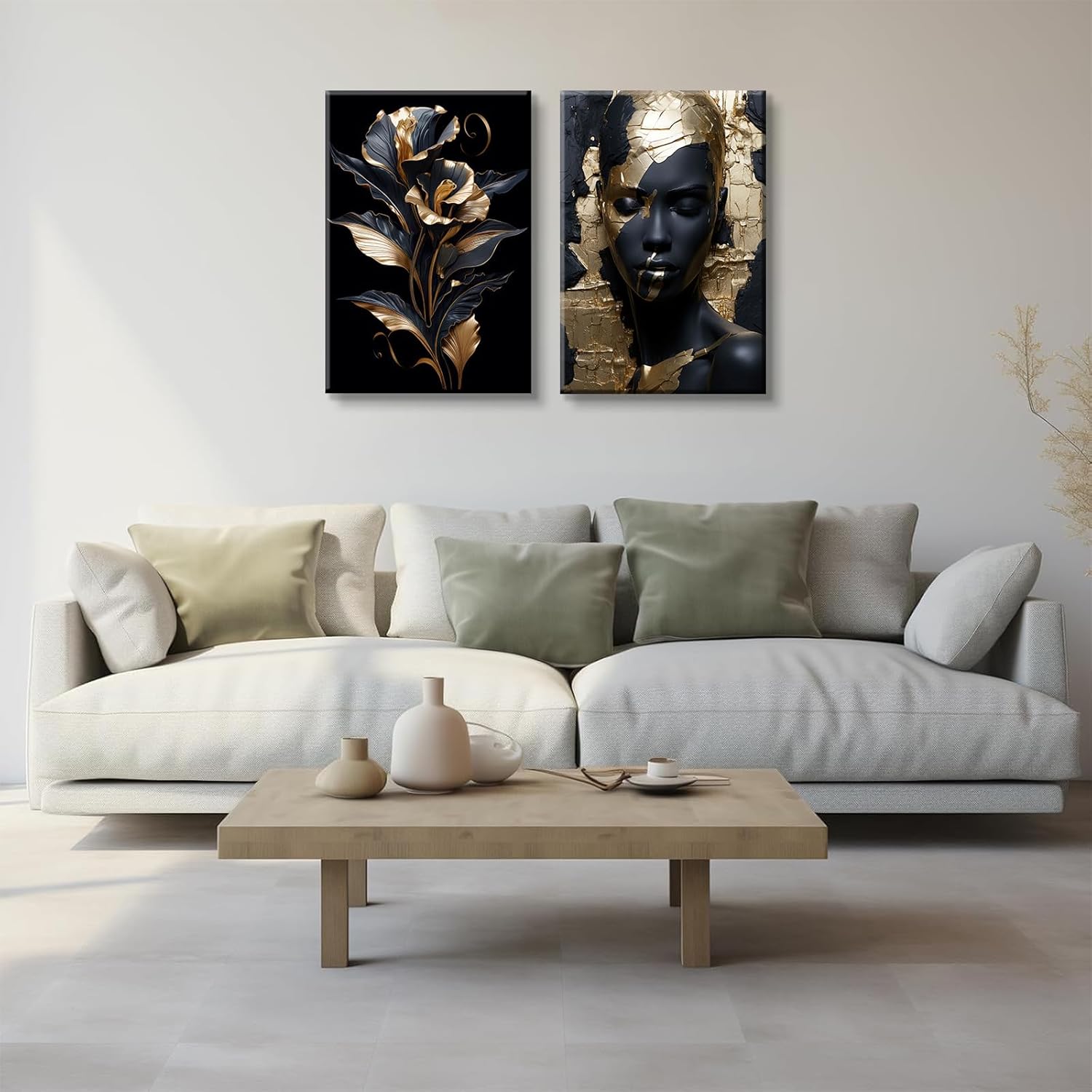 2 Pieces Black Gold African American Women Wall Art African American Wall Decor Gorgeous Woman Portrait Gold Flowers Painting Picture Prints for Bedroom Living Room Hallway Ready to Hang 16x24 Inch