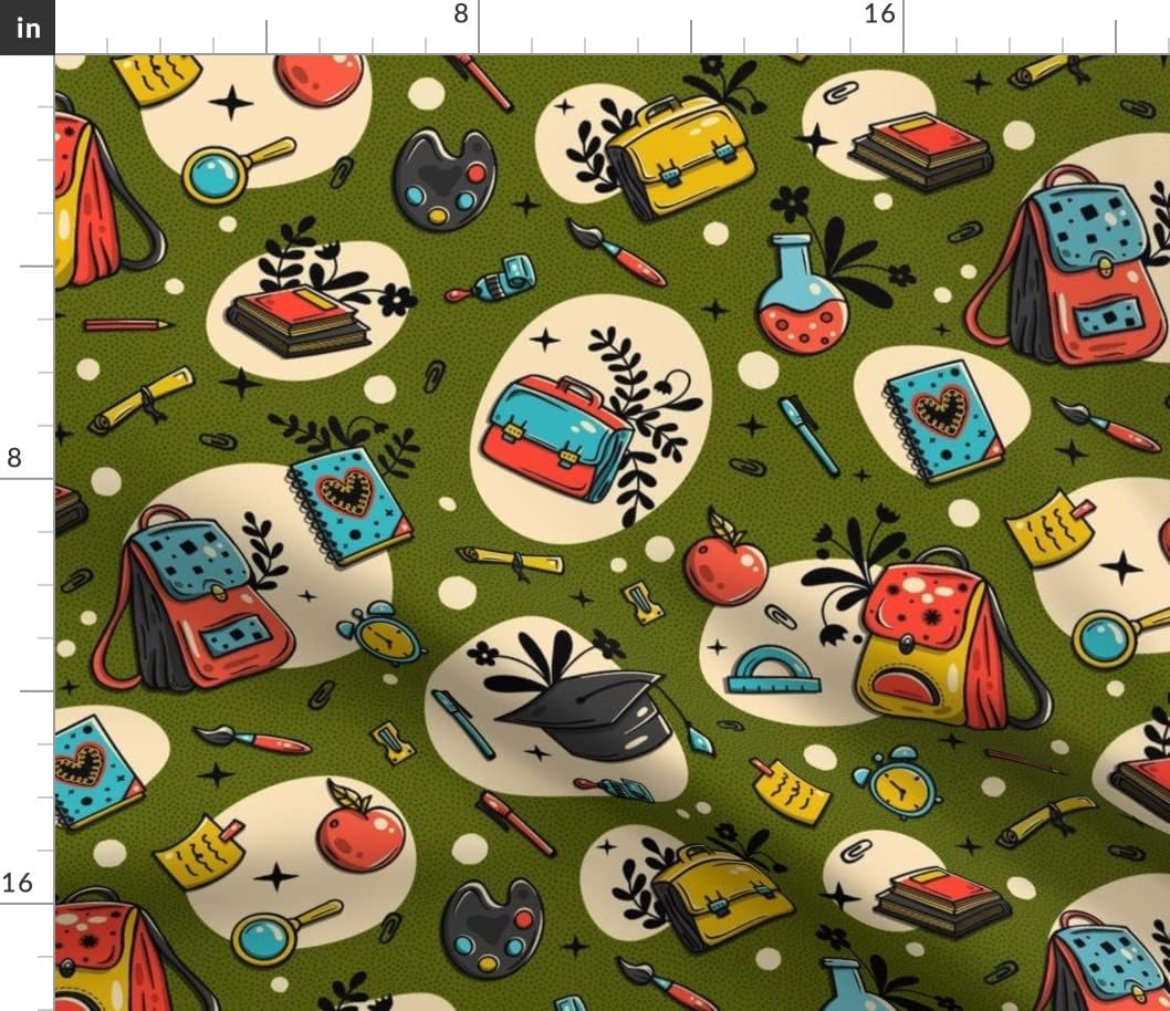 Spoonflower Fabric - Green School Retro Medium Vintage Children Teacher Student Printed on Petal Signature Cotton Fabric Fat Quarter - Sewing Quilting Apparel Crafts Decor