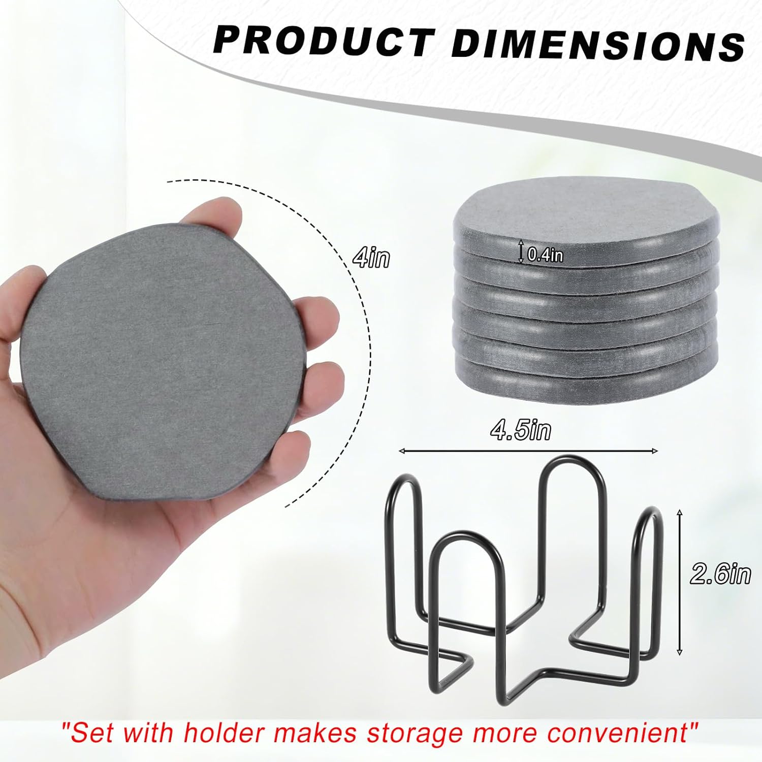 Azhou 6Pcs Absorbent Diatomaceous Earth Coasters Set with Holder - 4 Inch Quick-Dry Stone Coasters with Scratch-Resistant Surface & Velvet Base, Reusable Home Decor for Coffee Bar, Office Desk - Image 4