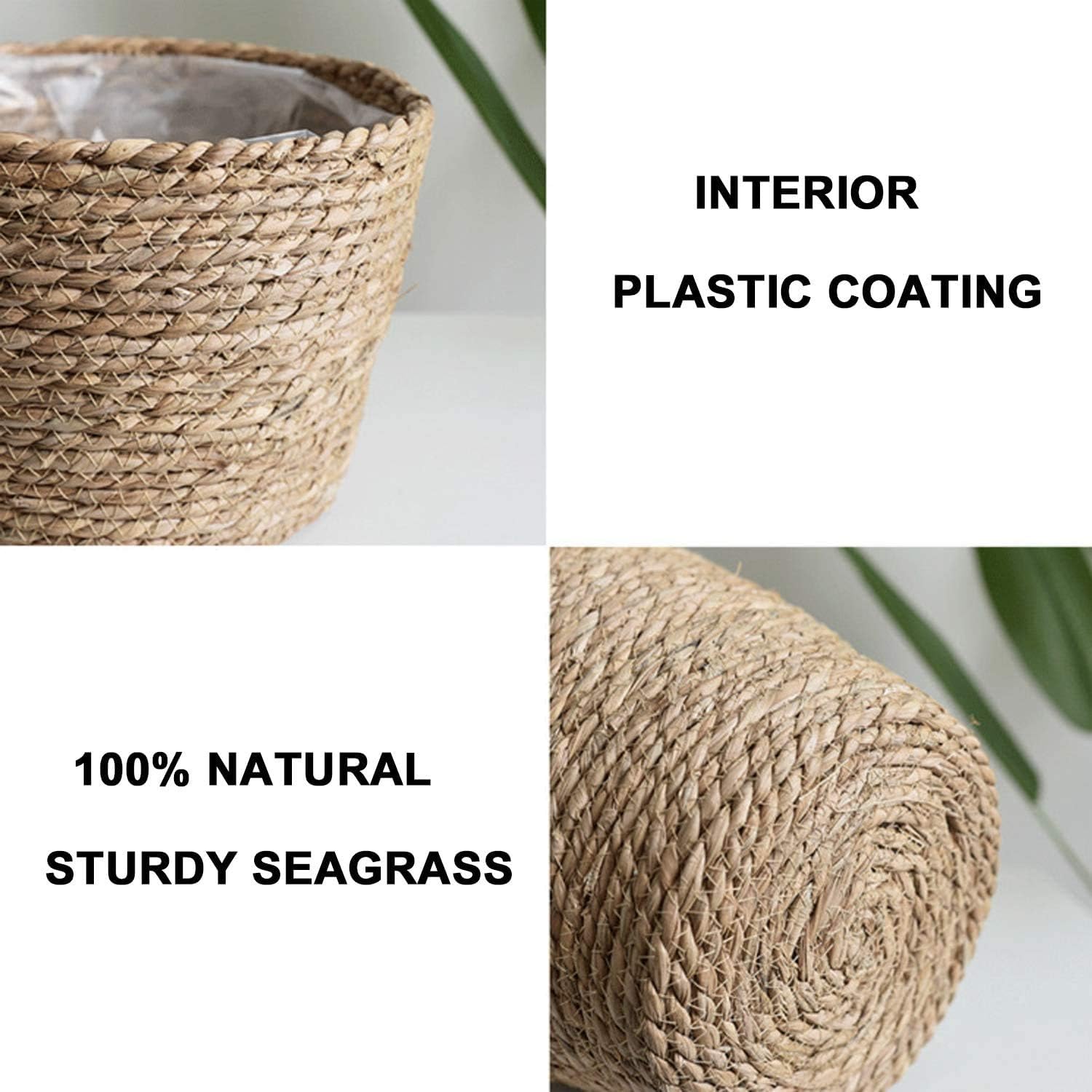 BSLVWG Seagrass Planter Basket - Set of 3 Hand Woven Basket Indoor Outdoor Storage Flower Pot Cover Containers with Waterproof Plastic Liner for Modern Home Decor Storage Grocery Basket (Brown)