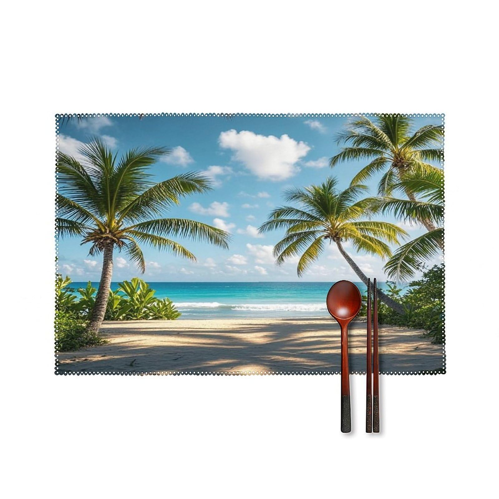 Green Palm Trees Ocean Placemats Set of 6 Heat-Resistant Washable Place Mats Wipeable Kitchen Placemat Easy to Clean for Indoor Outdoor Party Kitchen Decoration